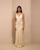 Frontal view of the satin nightdress featuring a chiffon-detailed neckline and delicate lace appliqué.