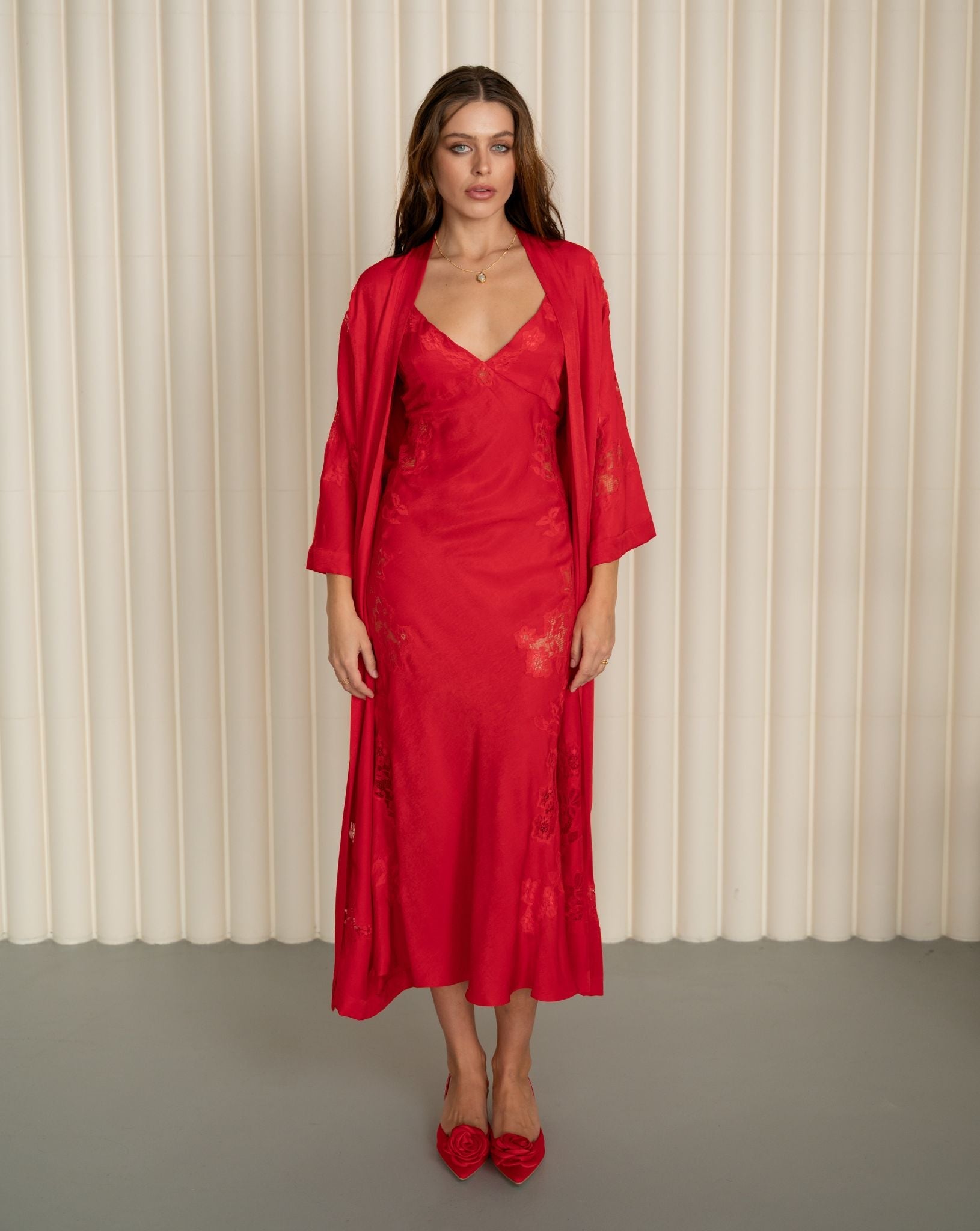Red Robe and Nightgown Set in a static full-length pose, showcasing the high-quality viscose and graceful structure.