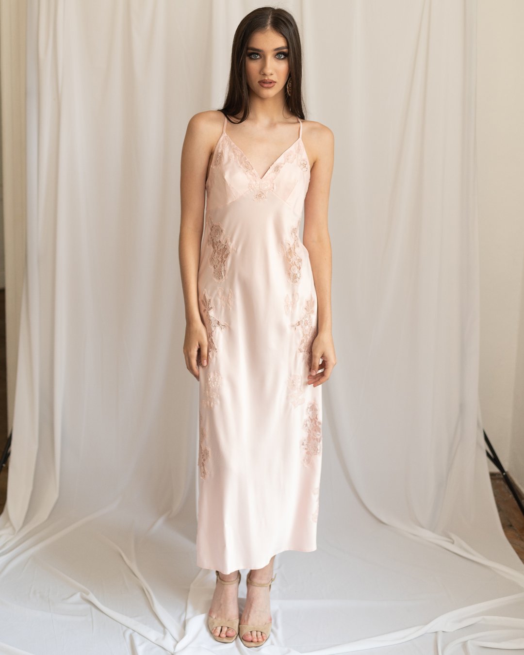 Simple front view of the Amelie satin nightgown, highlighting its graceful drape and luxurious shine.
