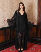 A shot highlighting the volume and airy texture of the lace sleeves for an elevated lounging experience.