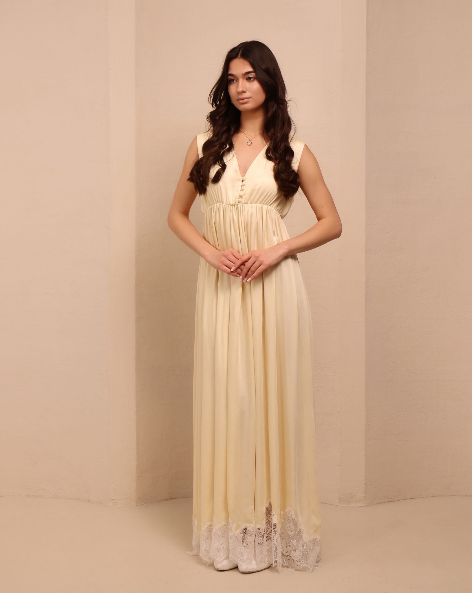 Frontal view of the Robe and Nightgown Set dress, focusing on the flattering silhouette and effortless flow.