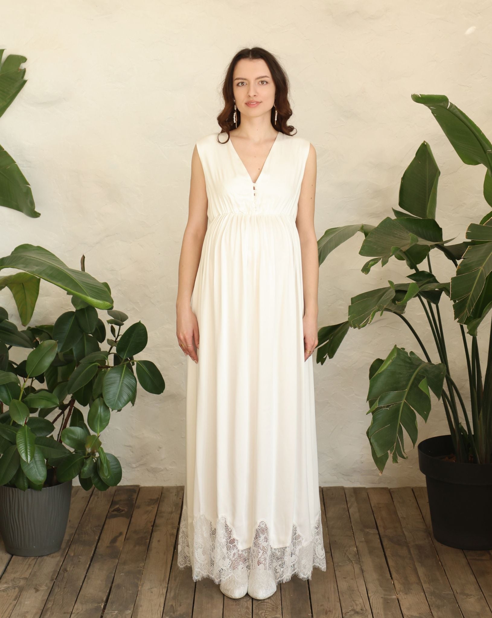 Frontal view of the nightgown, featuring tiny pearl buttons and a gently elasticated band for a flattering silhouette.