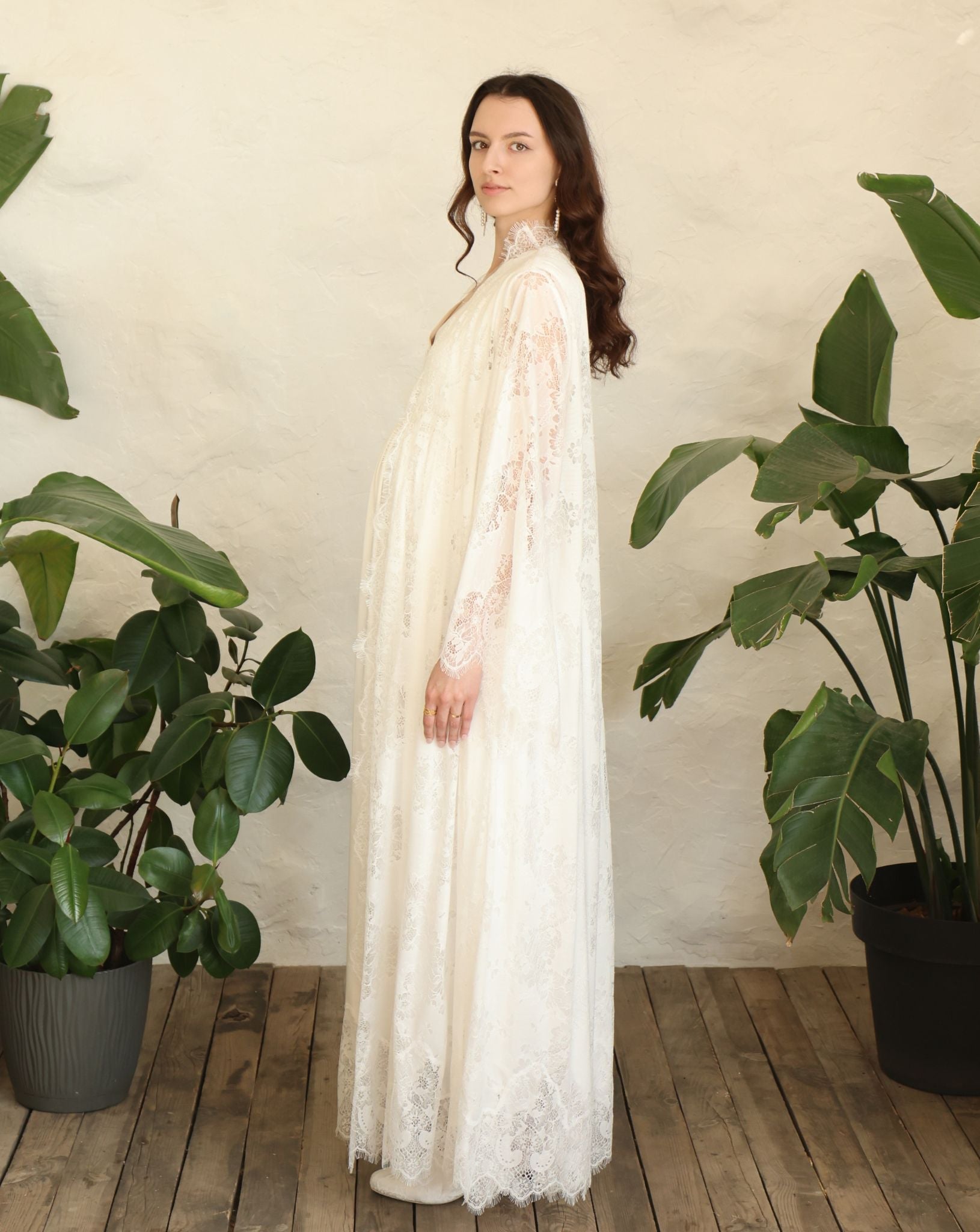 Side perspective of the Robe and Nightgown Set, showcasing the soft feminine aesthetic and breathable comfort.