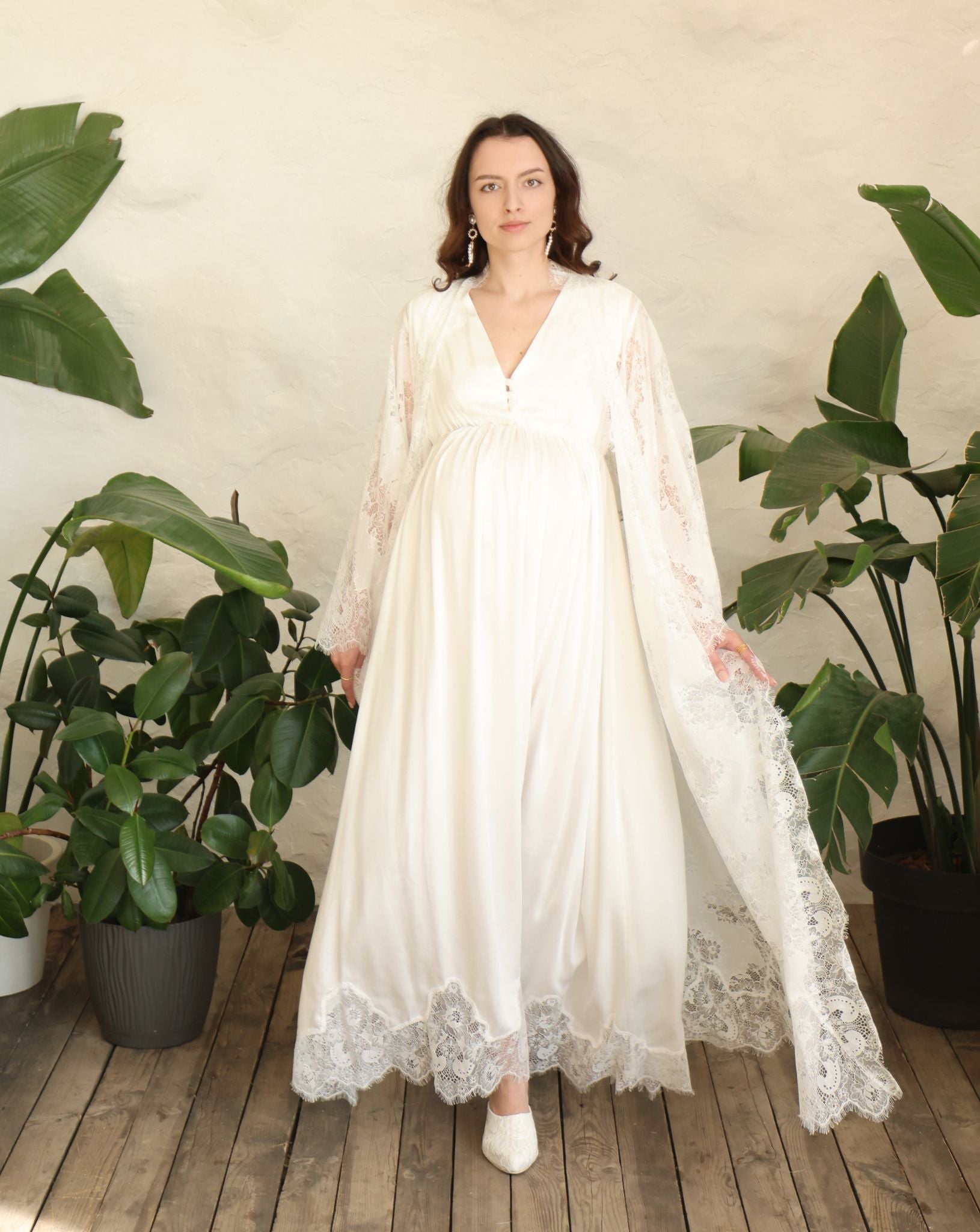 A dynamic shot of the lace robe in motion, highlighting the intricate detailing and its graceful, airy movement.