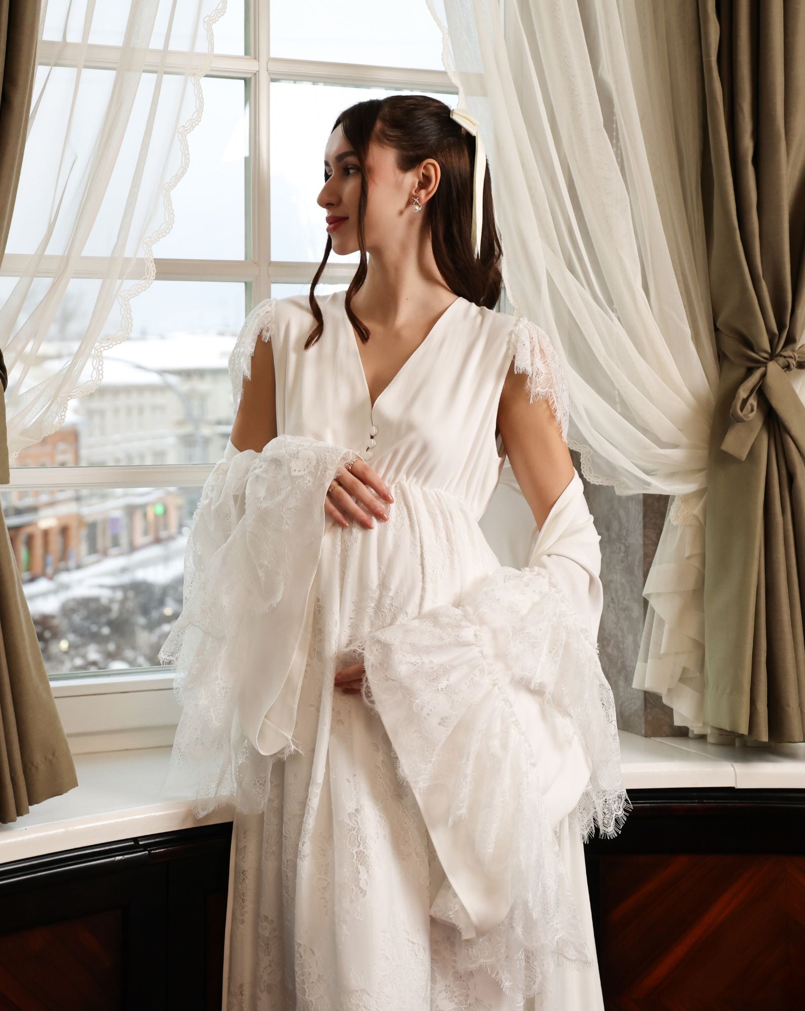 A mid-length atmospheric shot of the ensemble, focusing on the calm and modest beauty of the design.