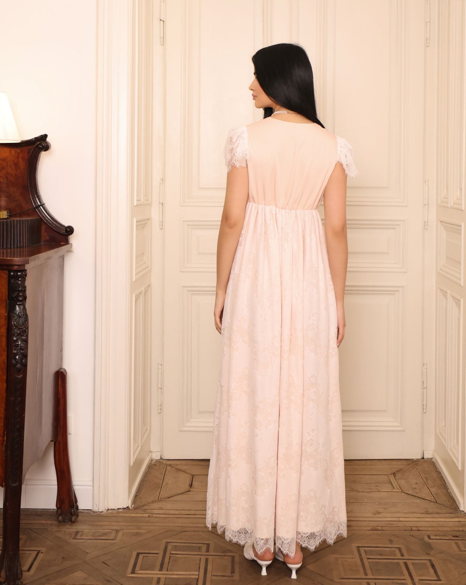 Rear perspective of the floor-length nightgown