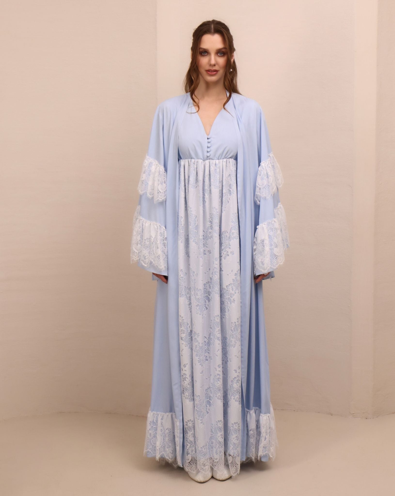 A serene static view of the Cotton Robe and Nightgown Set, showcasing its timeless refinement and modesty.