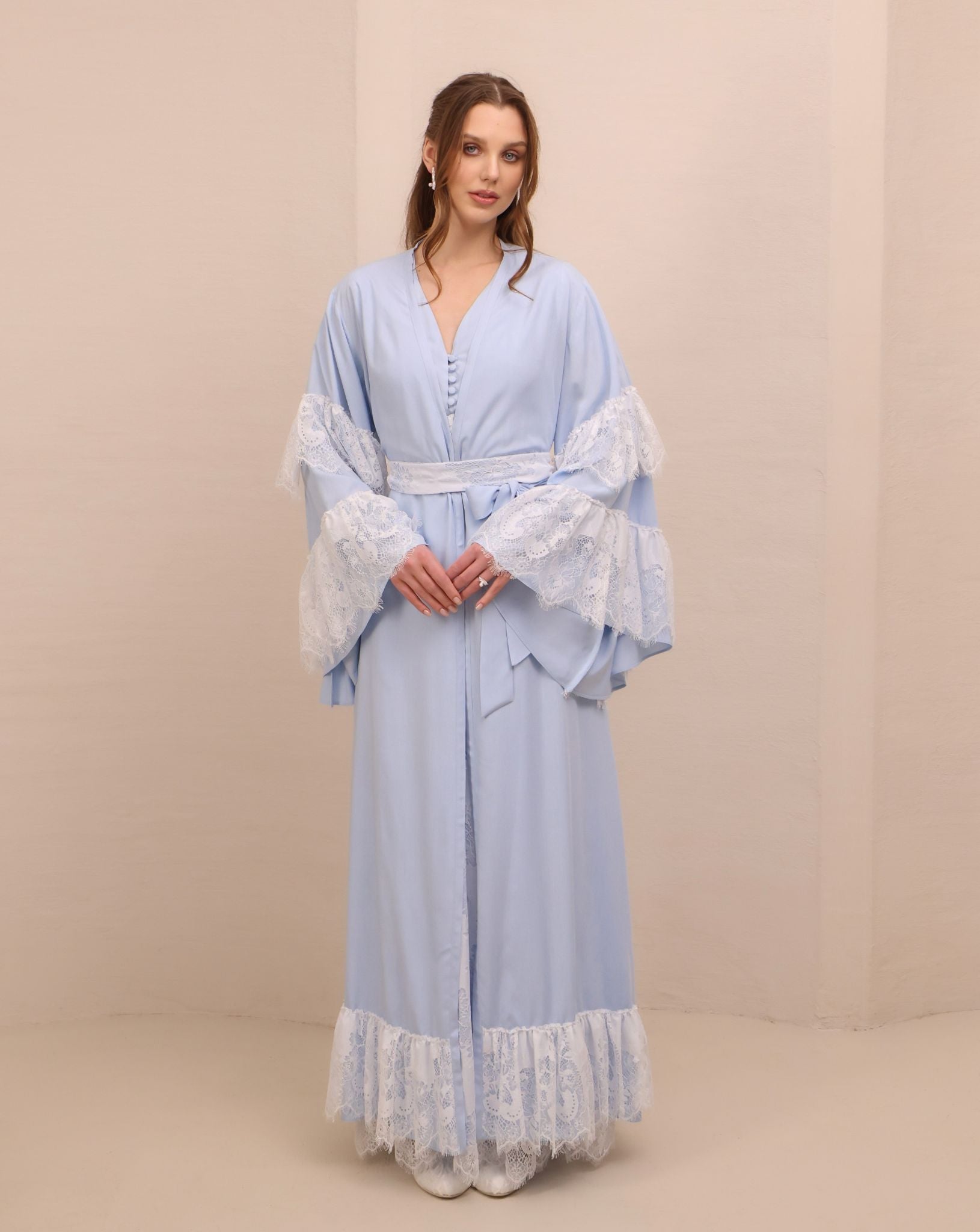 A poised frontal shot of the Cotton Robe and Nightgown Set tied with a belt, capturing its ethereal finish.