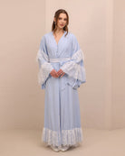 A poised frontal shot of the Cotton Robe and Nightgown Set tied with a belt, capturing its ethereal finish.