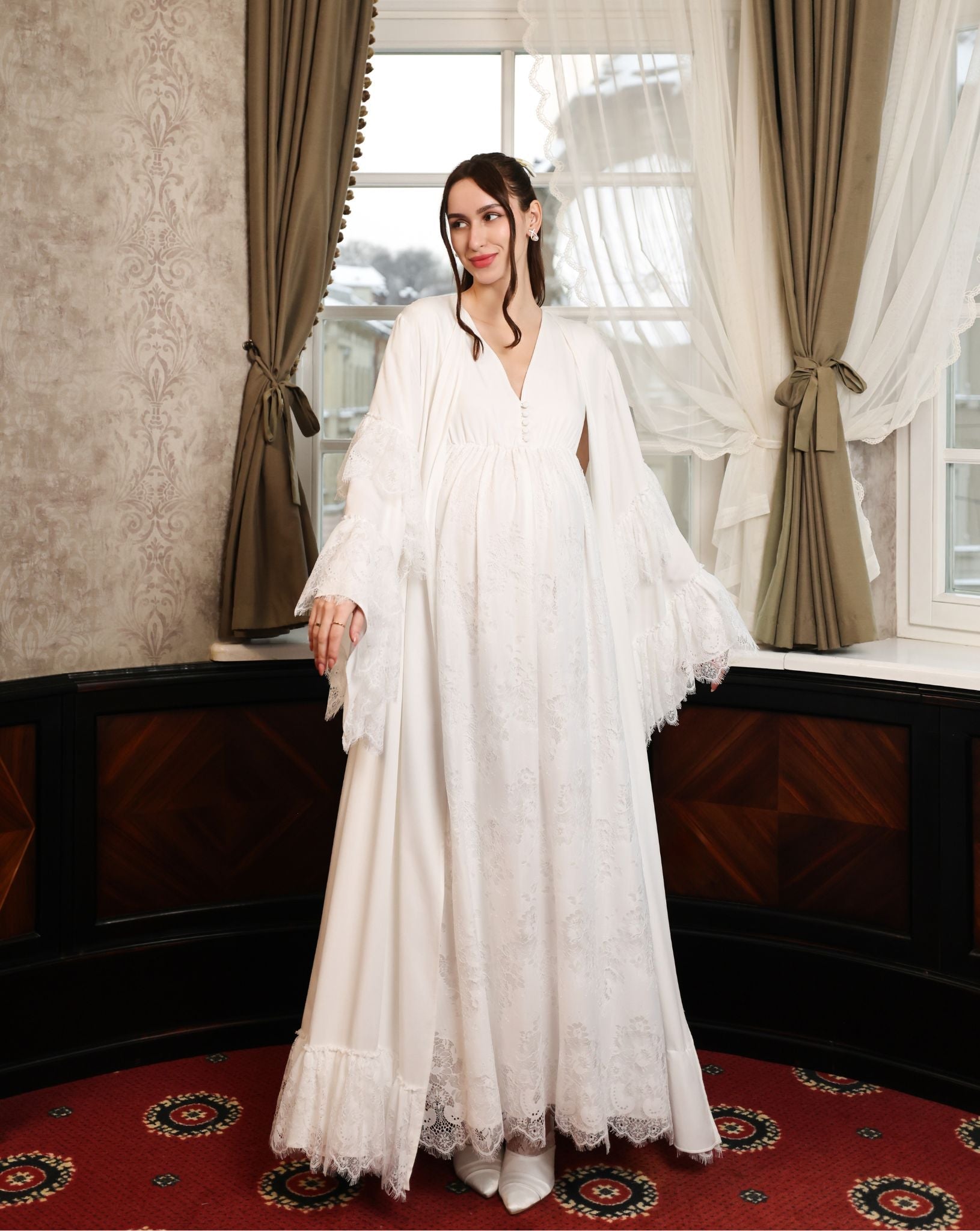 A full-length static pose in the complete ensemble, representing timeless refinement and everyday wearability.