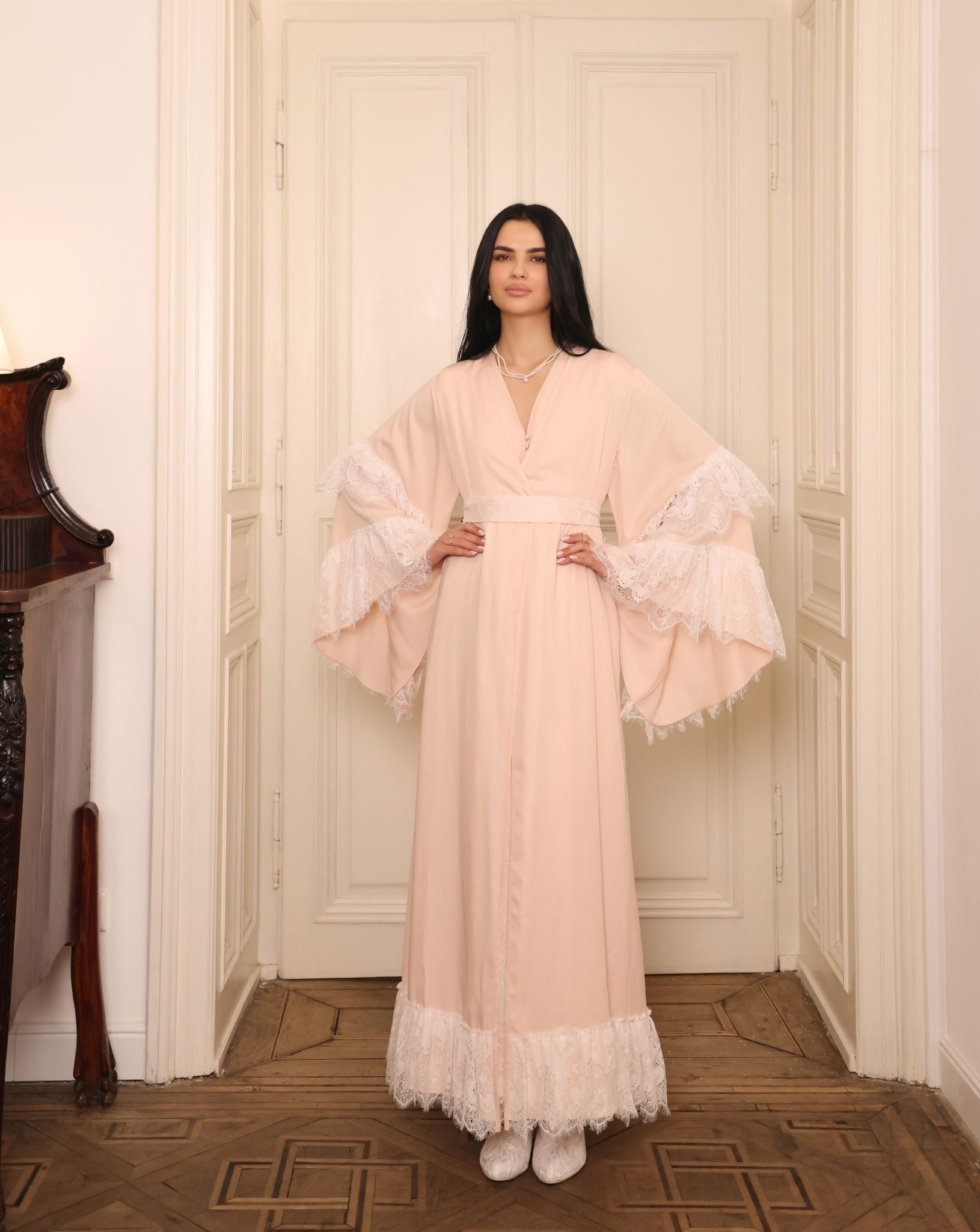 Mid-length view of the tied ensemble, focusing on the tiered bell sleeves and the soft, breathable fit of the material.