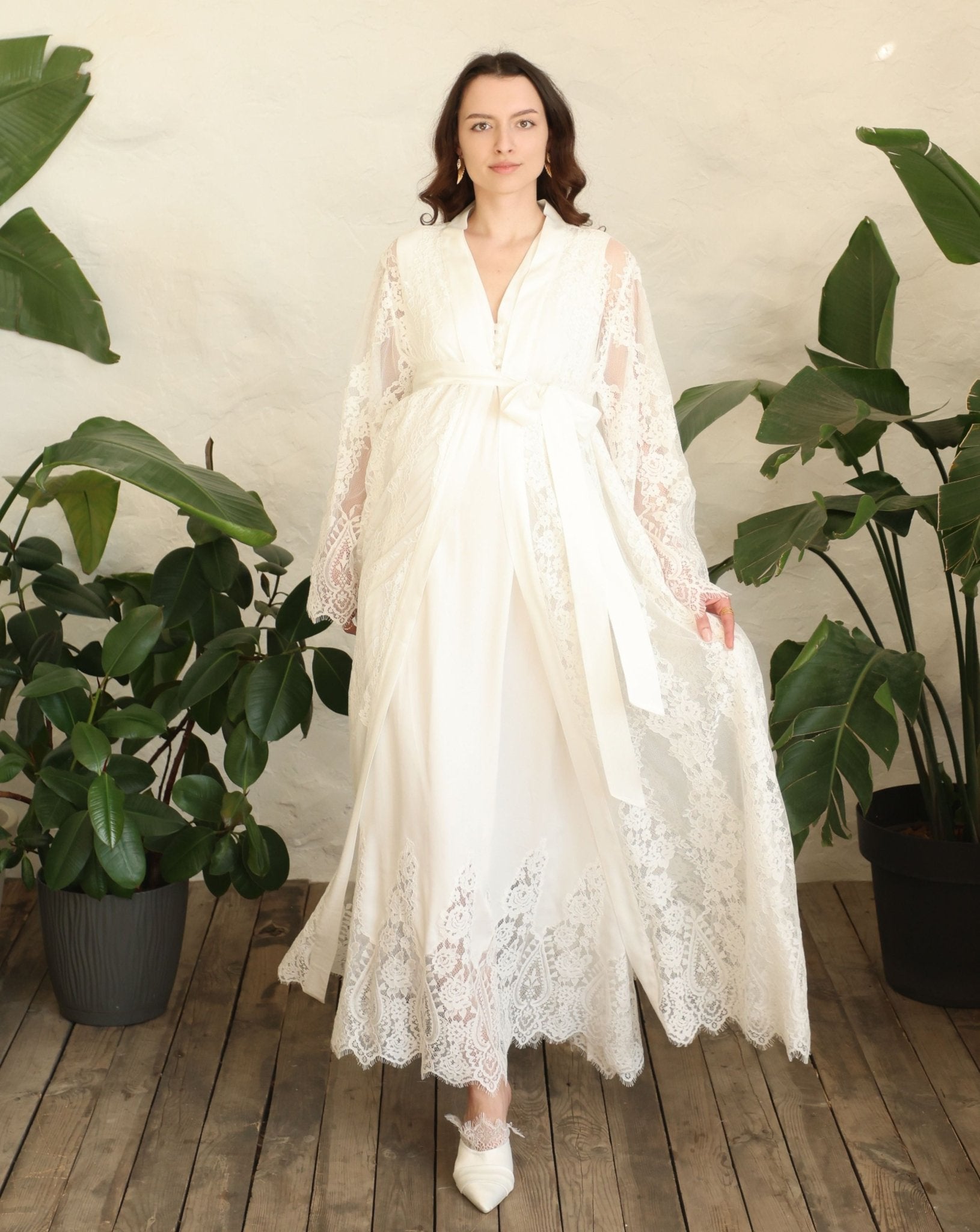 A poised frontal view of the set, highlighting the delicate lace detailing and the refined look for home.