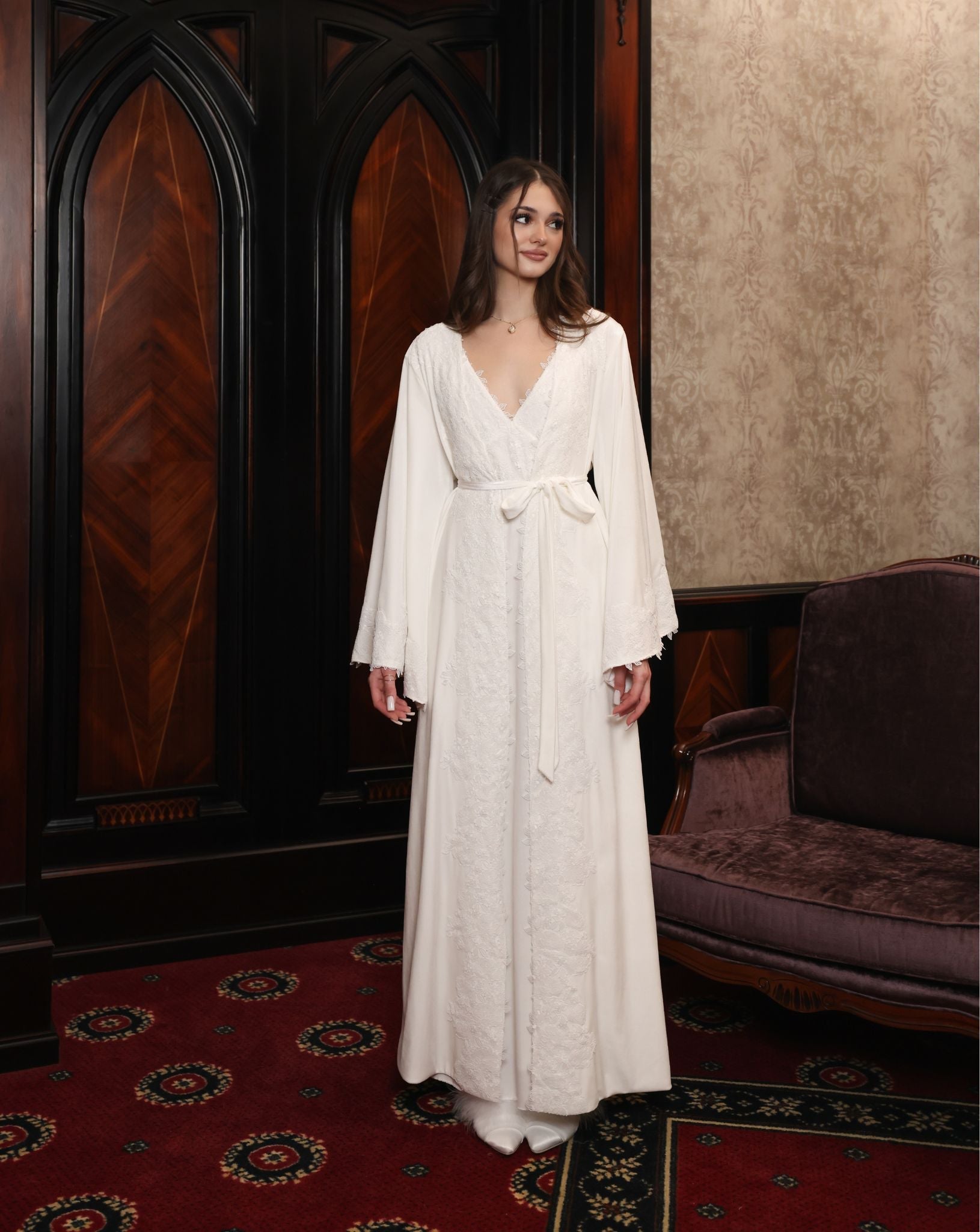 Full view of the Velvet Robe tied at the waist, showcasing the regal presence and graceful weight of the fabric.