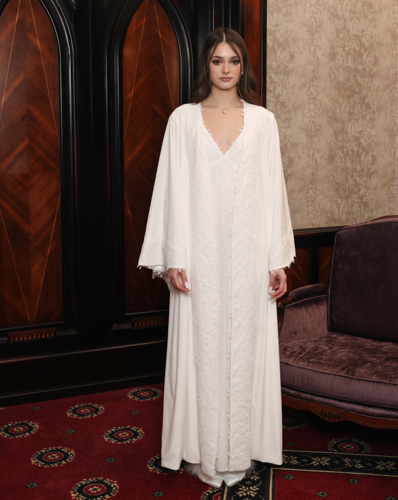 Frontal view of the two-piece set, illustrating the regal presence and high-quality materials of the attire.