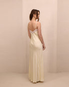 Rear view of the nightgown, highlighting the mid-open V-cut back and the soft, flattering fit that skims the body.