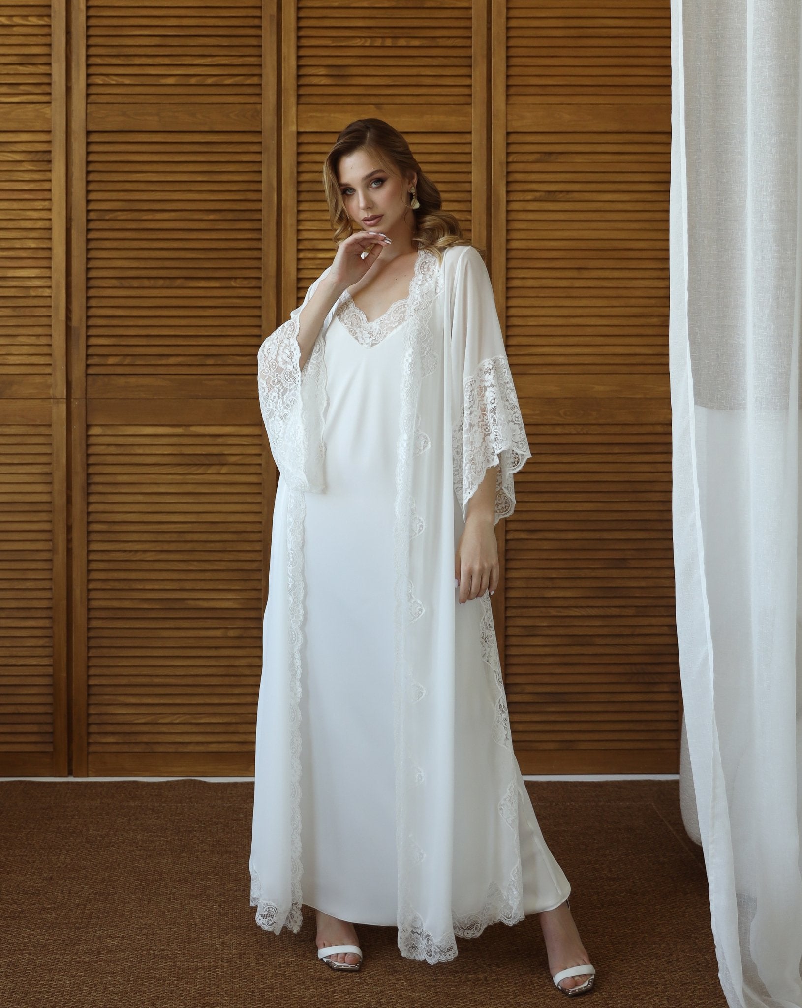 White bridal robe and nightgown set with lace trim – full-length view
