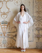 Full-length static view of the Blossom ensemble, highlighting the elegant wrap-over robe and matching lace-trimmed gown.