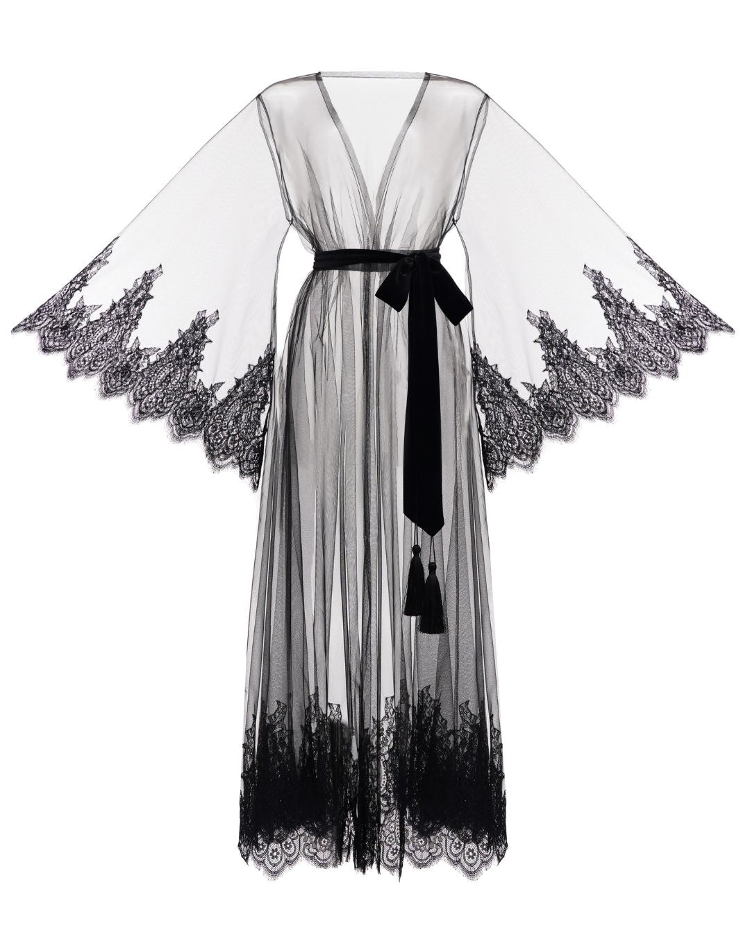 Black Sheer Robe with wide lace sleeves and a velvet sash, shown as a static product view on a plain background.
