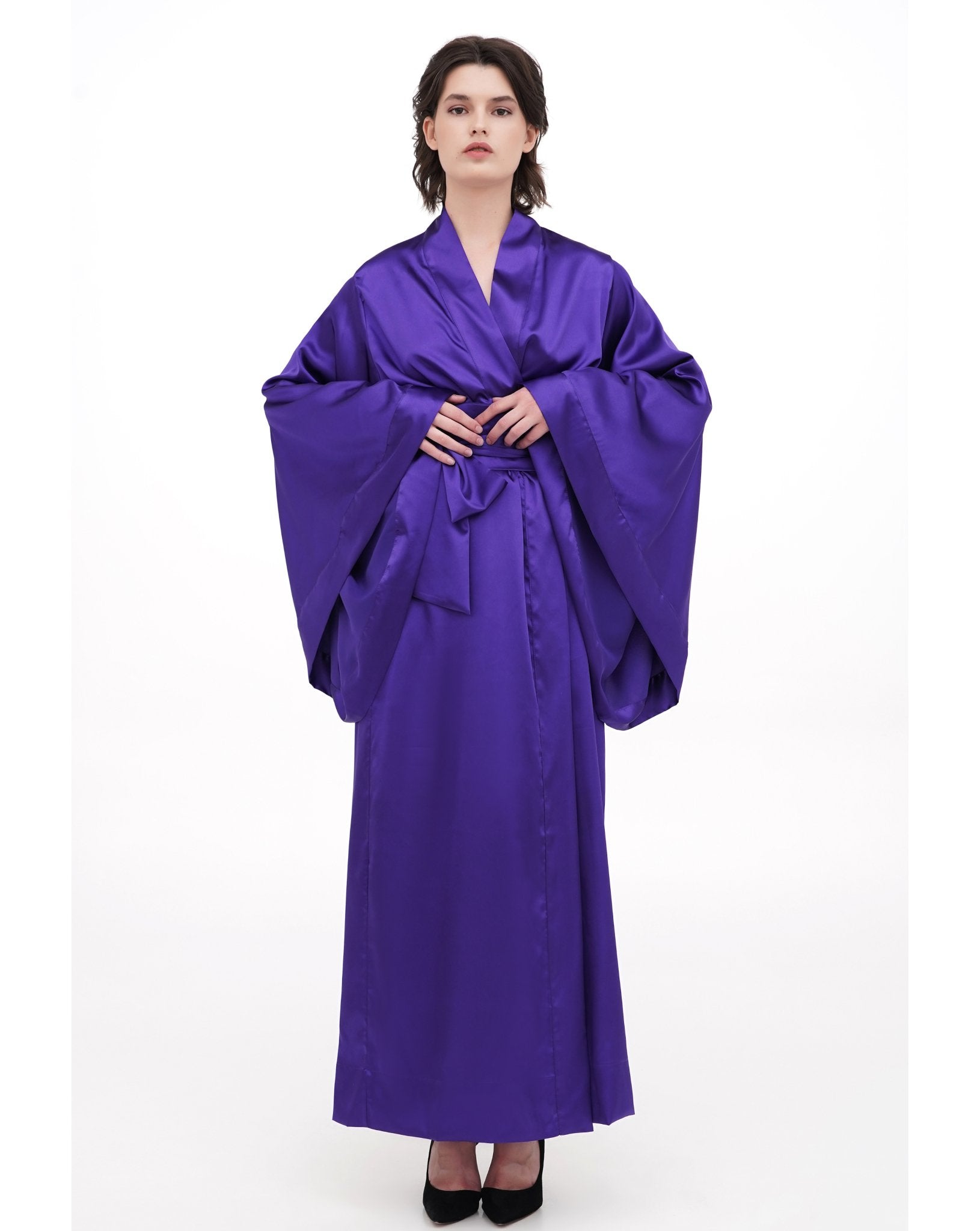 Purple Satin Kimono Robe in a full-length front view, showcasing the wide draped sleeves.