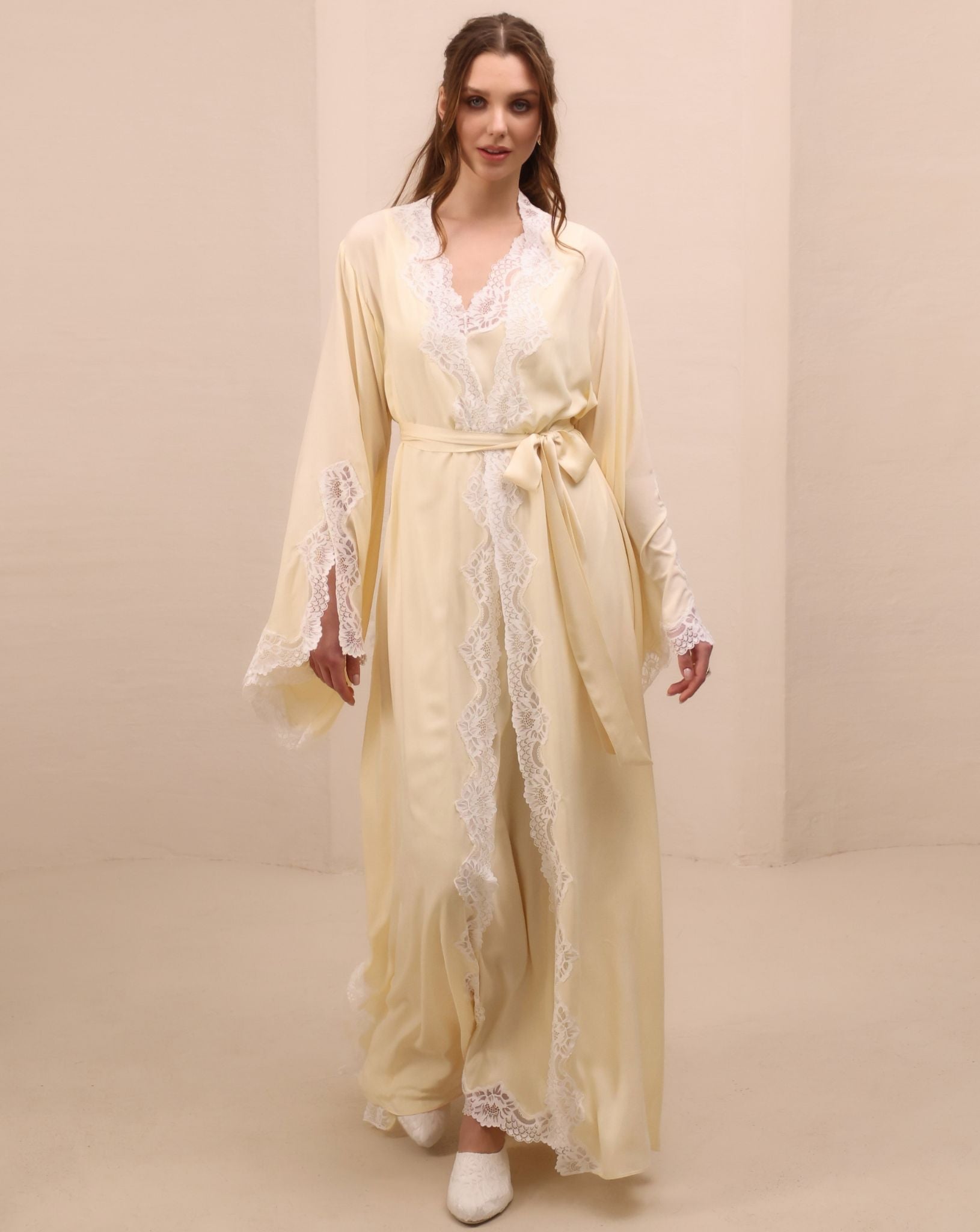 A dynamic shot of the tied Robe and Nightgown Set, illustrating a refined, romantic effect with every step.