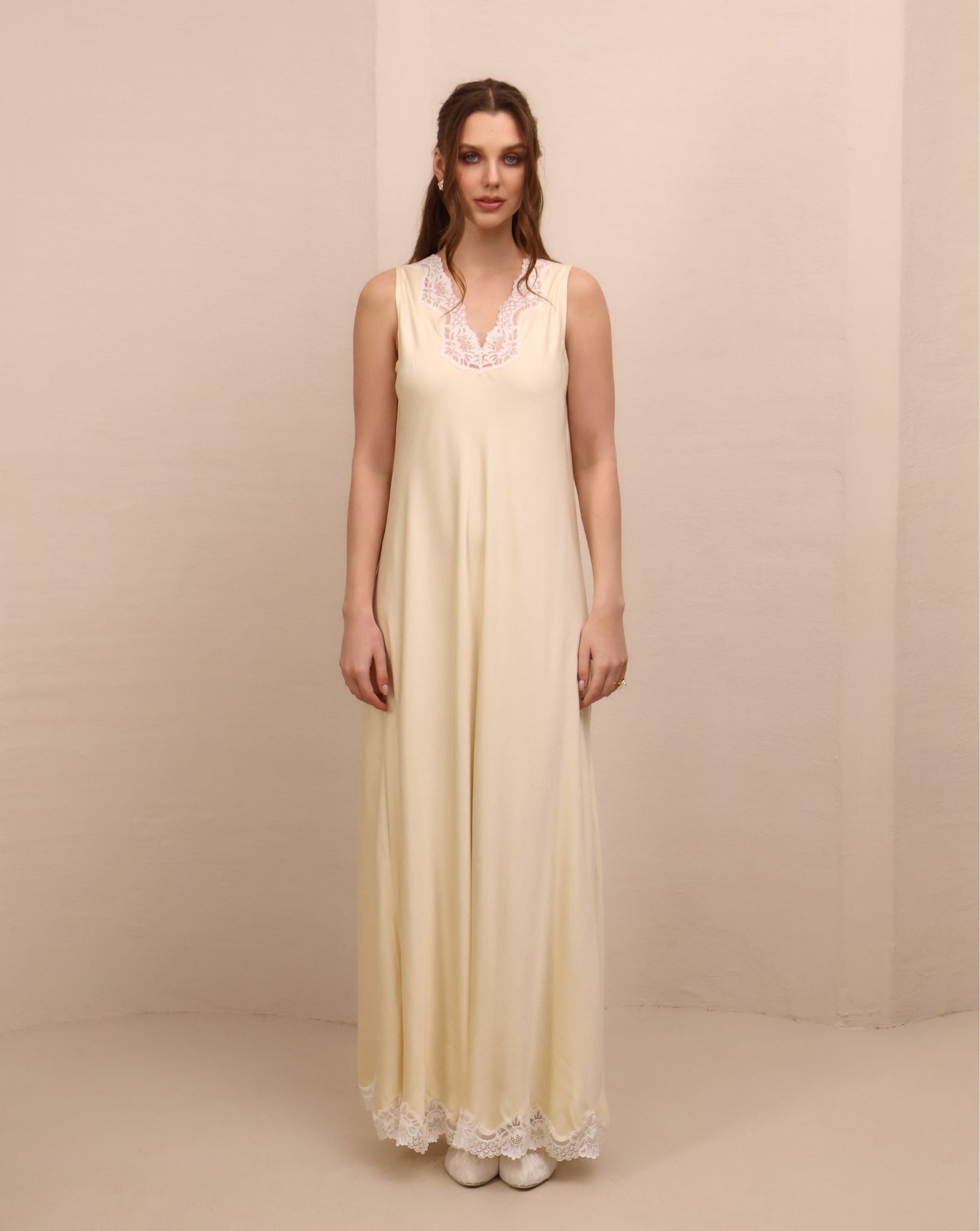 Frontal view of the wide and comfortable nightgown, showcasing the soft drape and breathable, feminine silhouette.