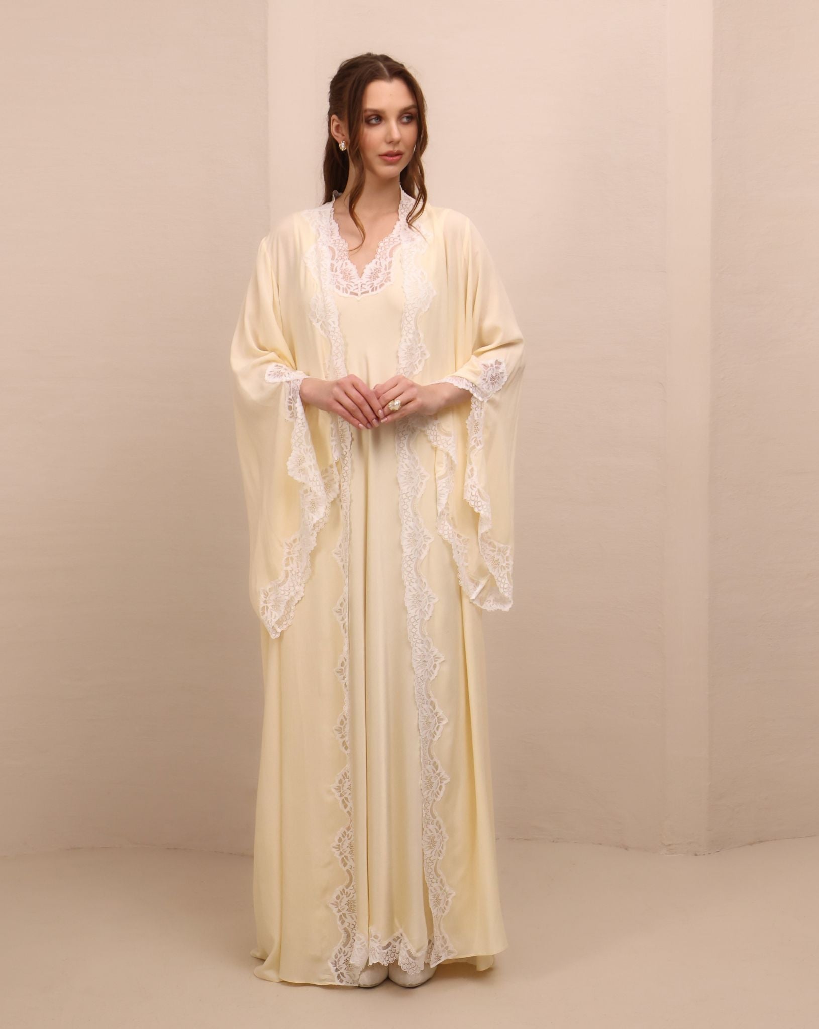 A serene static view of the open ensemble, highlighting the lightweight chiffon and exquisite lace detailing.