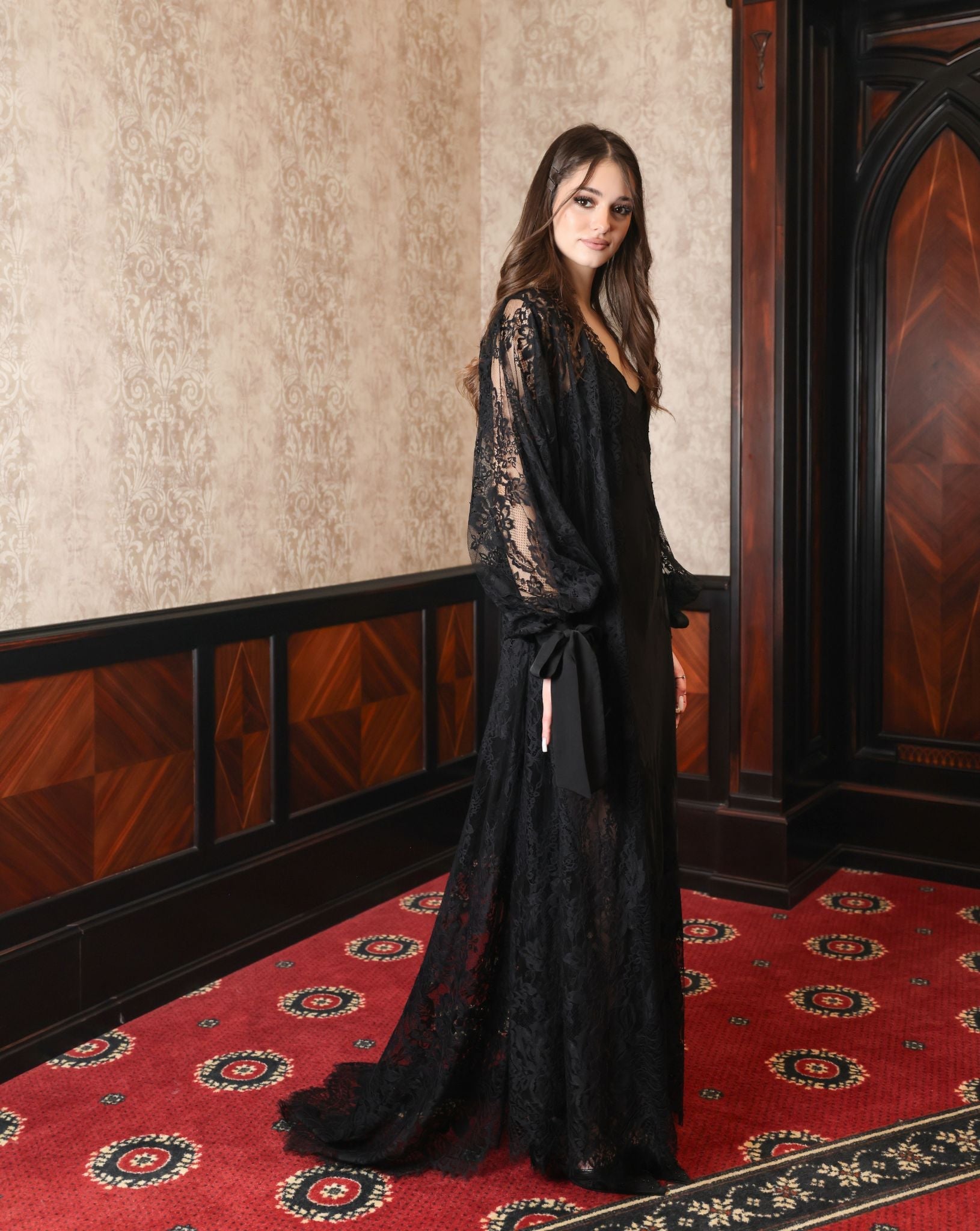 A side perspective of the Robe and Nightgown Set, highlighting the elegant silhouette and delicate lace artistry.