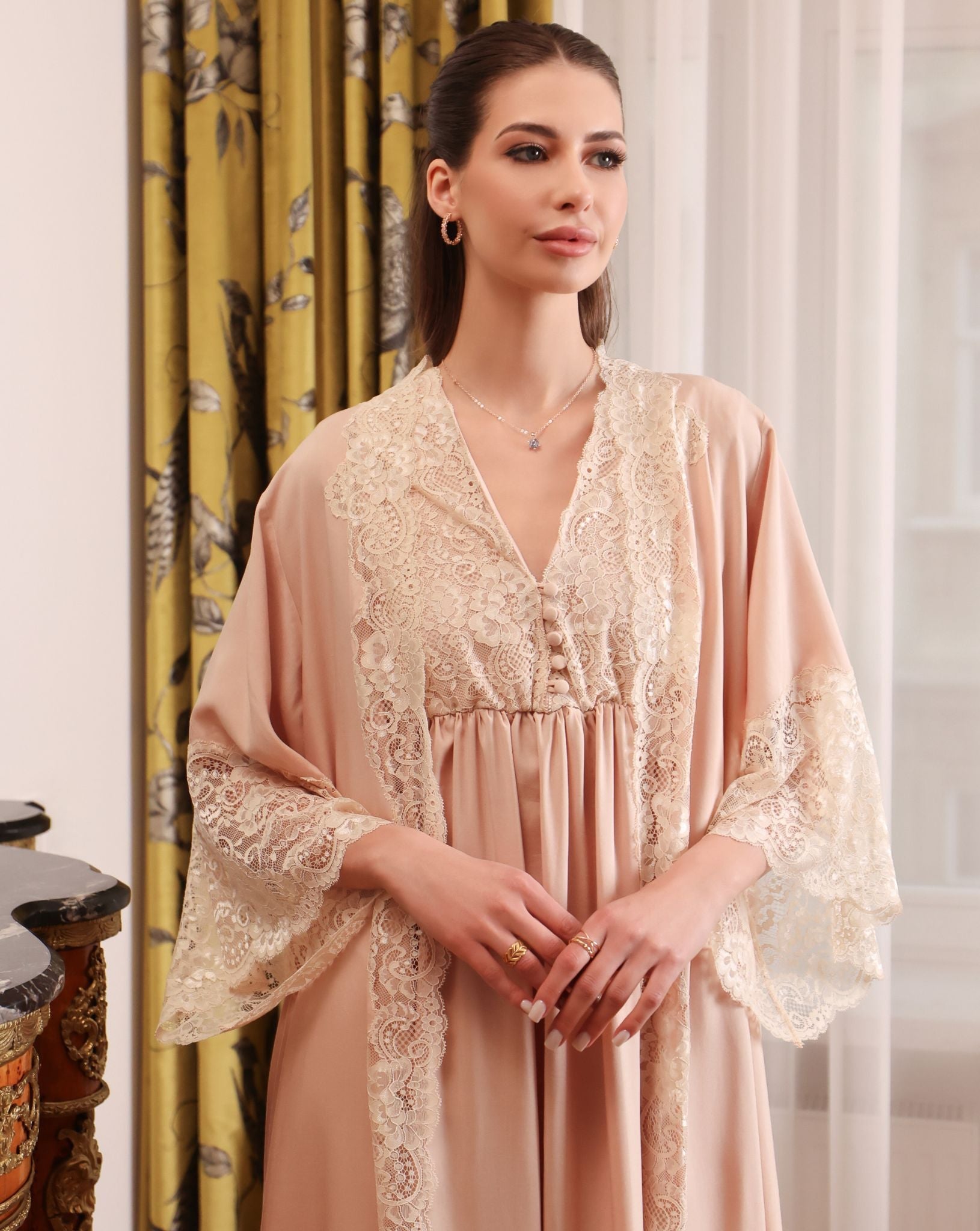 Mid-length view of the Robe and Nightgown Set, focusing on the gentle support and soft texture of the material.