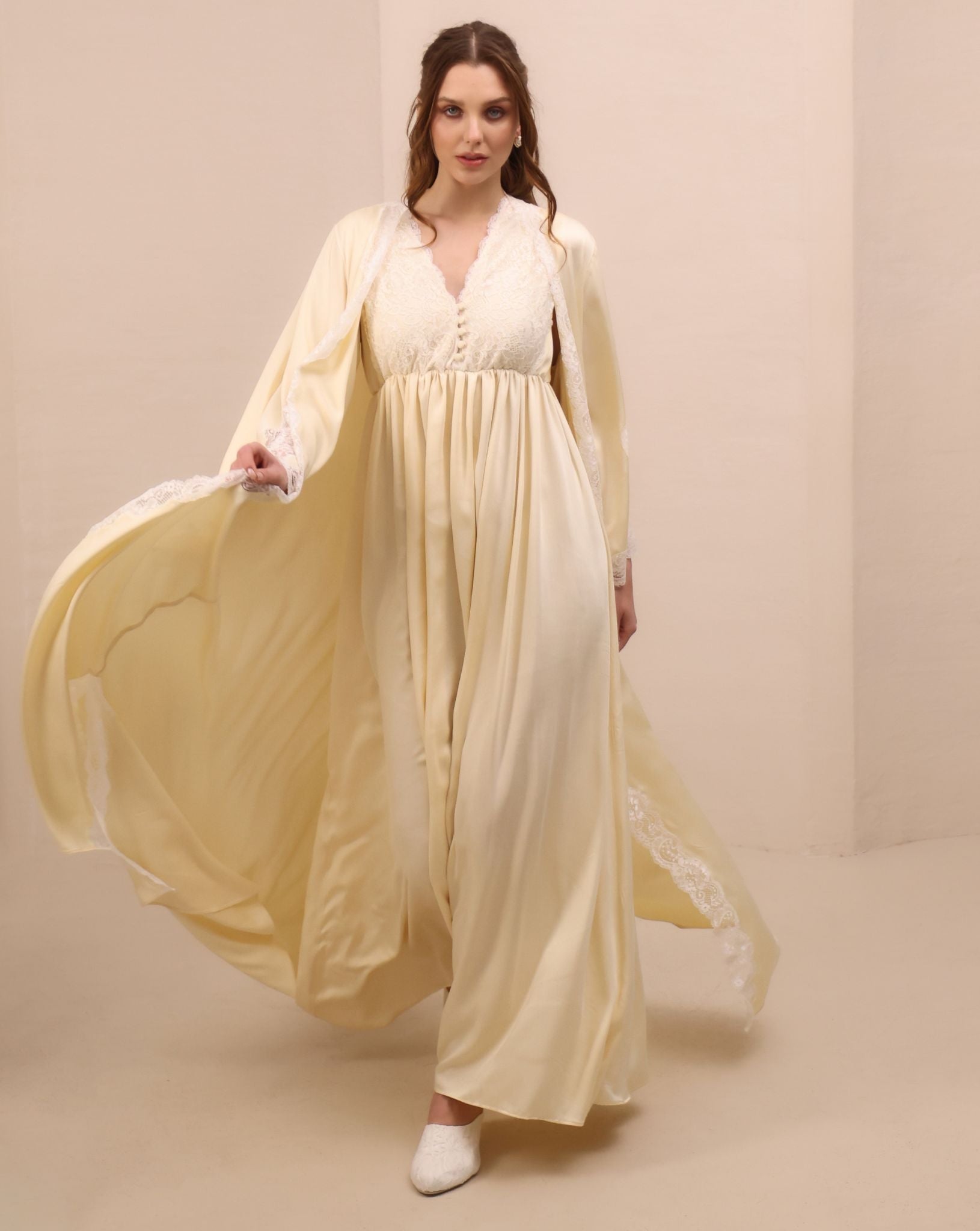 A dynamic frontal shot of the Maternity Robe and Nightgown Set, capturing the graceful movement of the rayon.