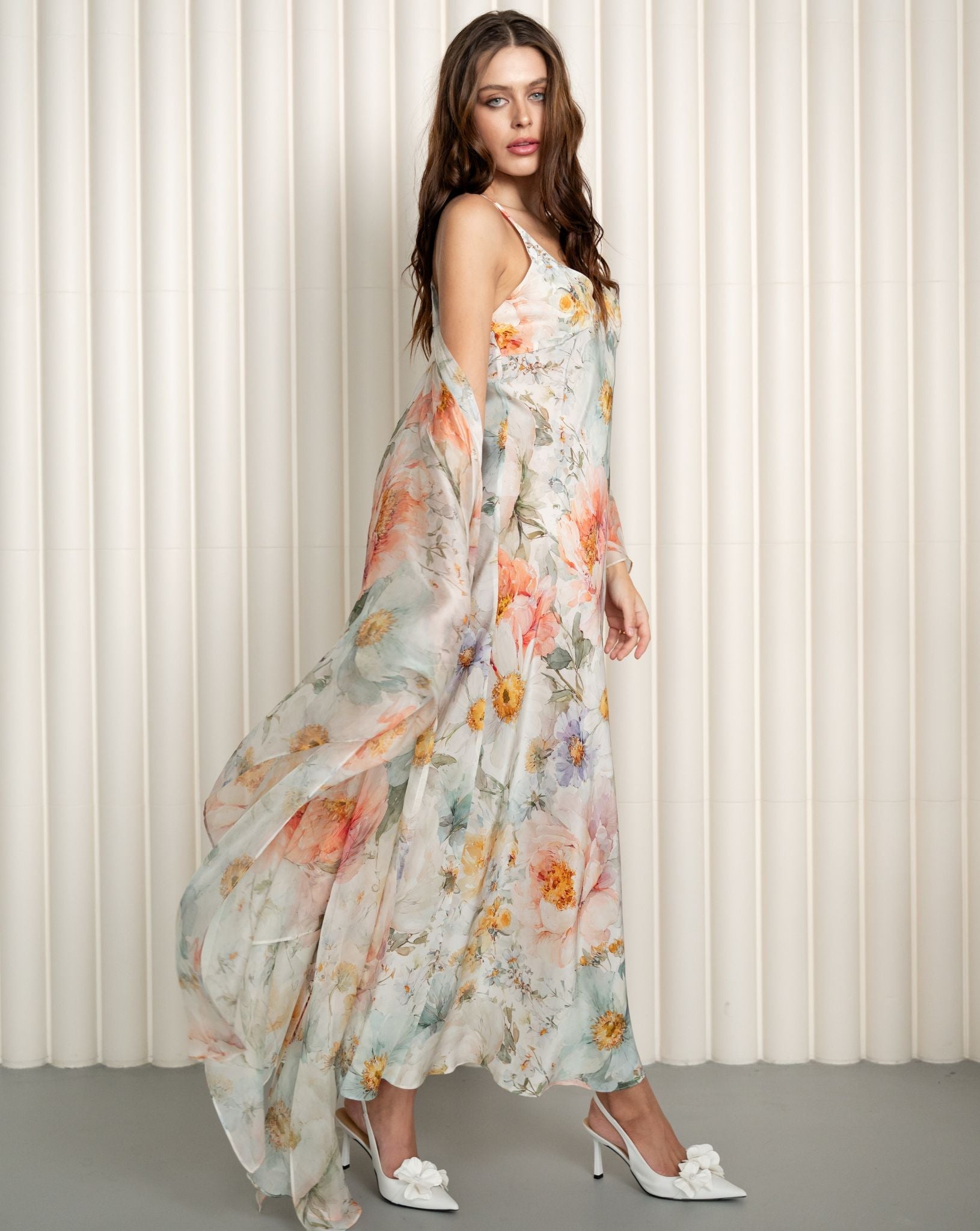 Floral silk robe and nightgown set in soft pastel tones