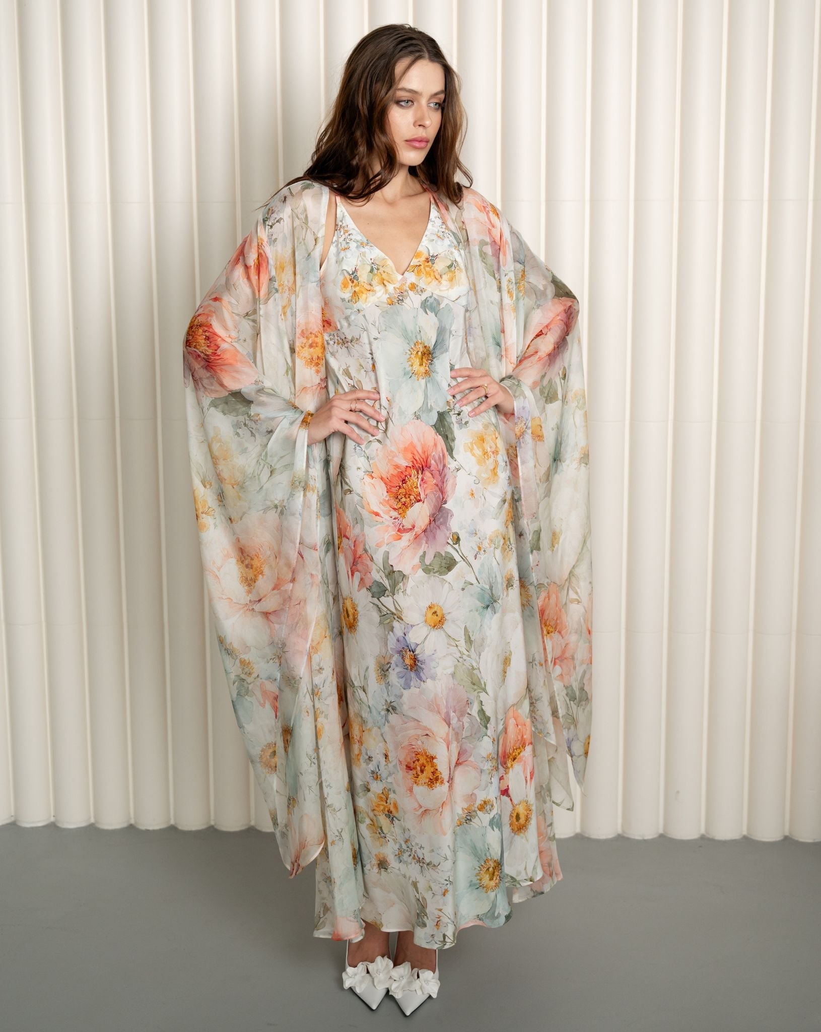 Softly layered floral silk robe and nightgown set ensemble