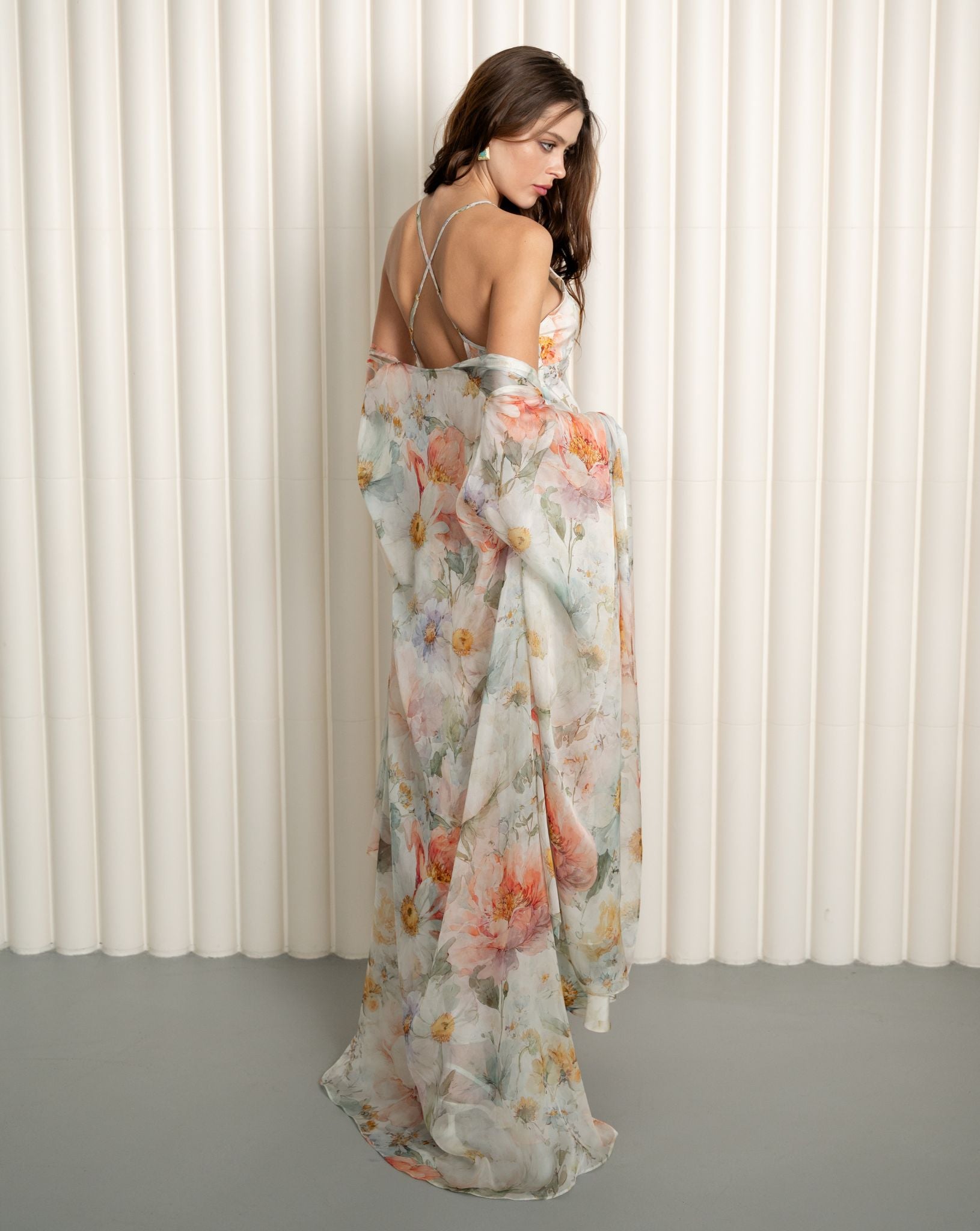 Silk robe and nightgown set with oversized floral pattern
