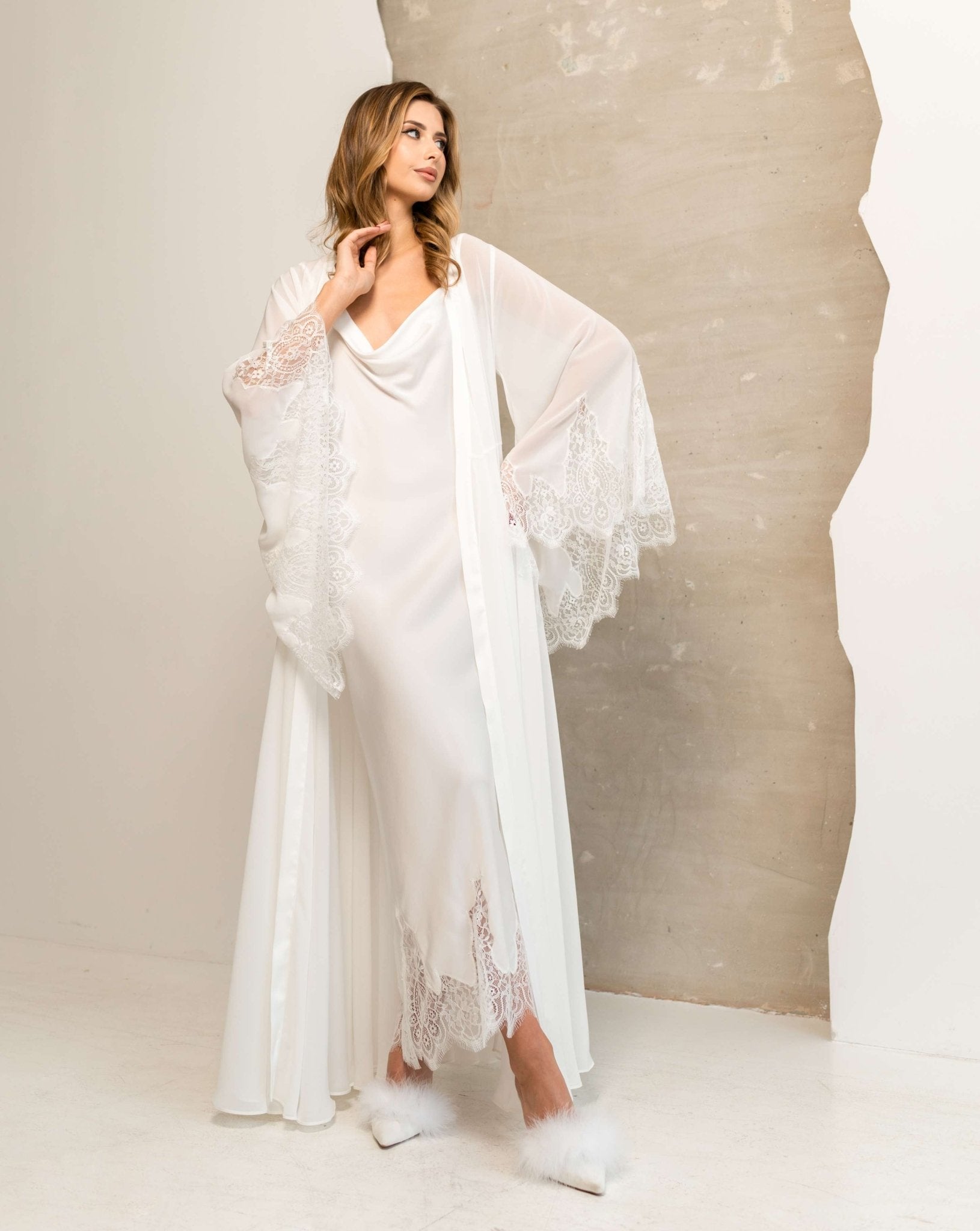 Sheer white robe layered over matching nightgown – Dreamer set by Kafemme