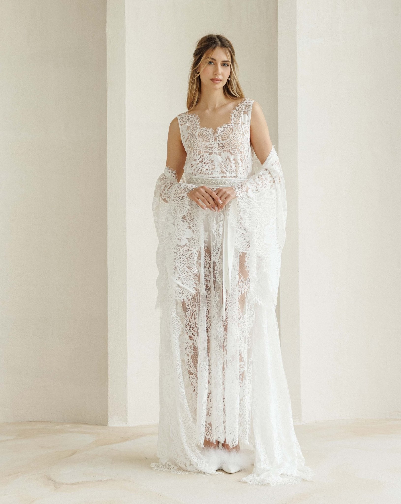 Standing pose with the robe resting easily on the shoulders, emphasizing the effortless celebration of femininity.