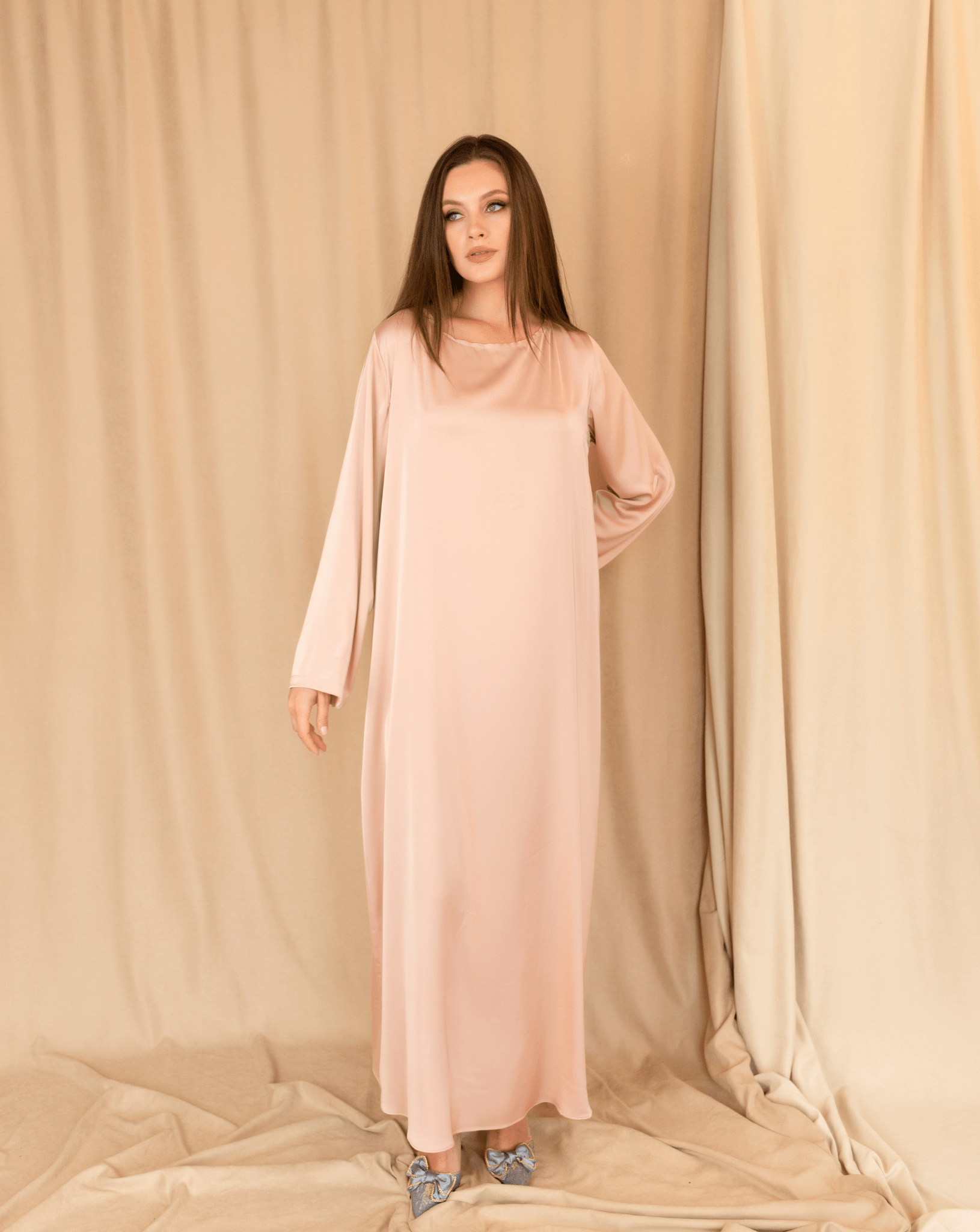 Full-length view of the slip dress, designed to match the velvet outer layer for a ready-made style solution.