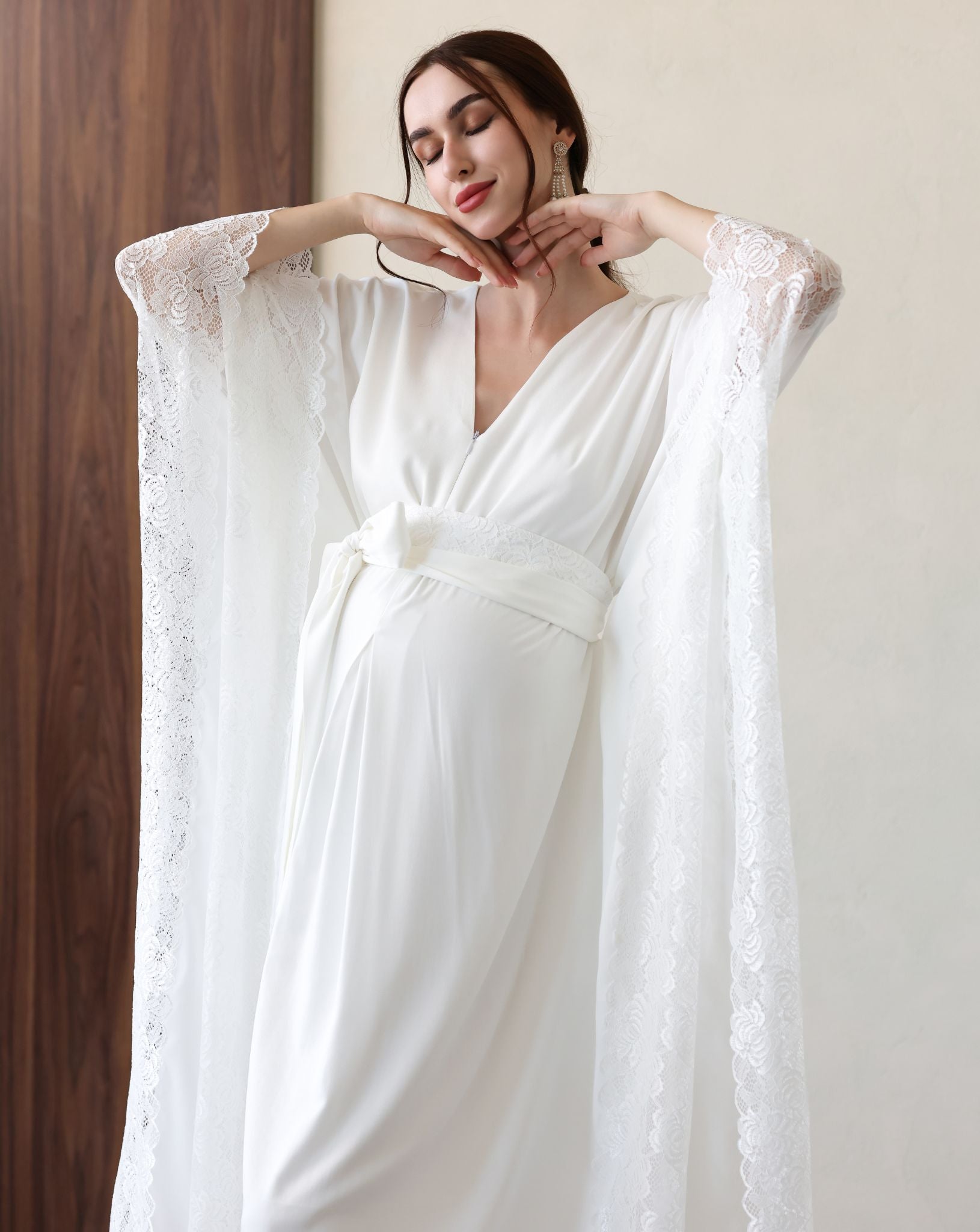 White cotton robe with lace-trimmed sleeves and V neckline