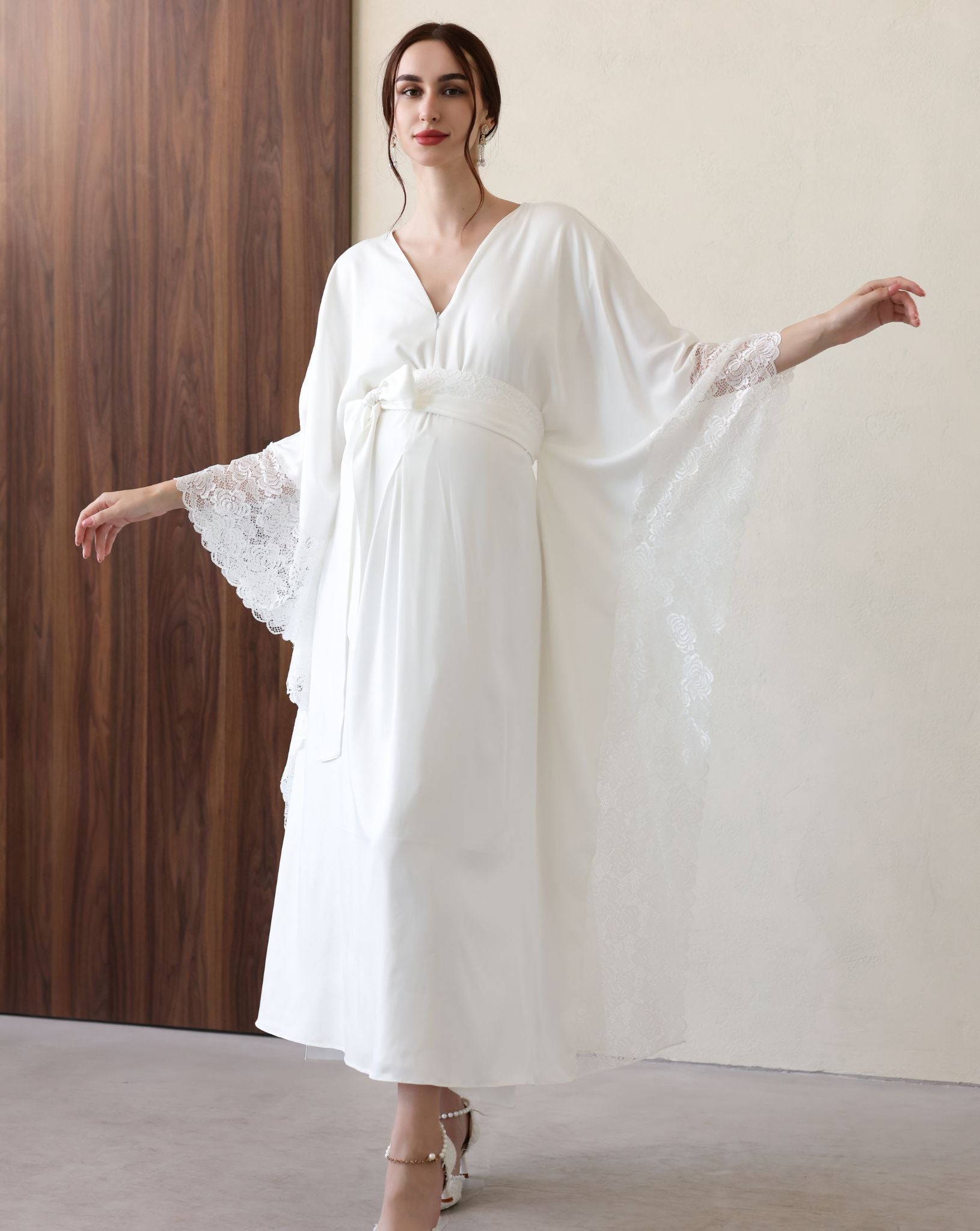White cotton robe with lace-trimmed sleeves and V neckline