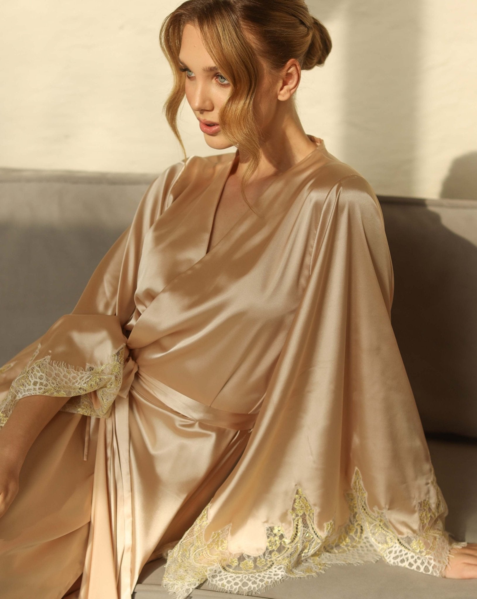 Champagne satin robe with soft lace detail at cuffs – Kafemme loungewear