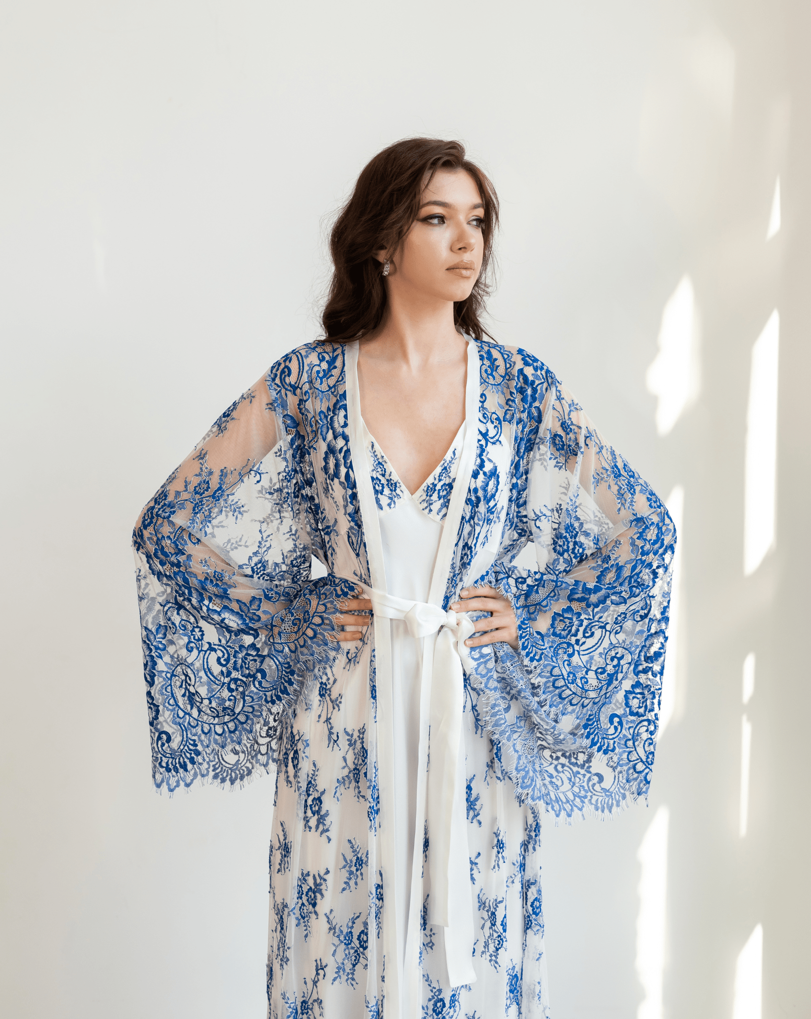 Lace robe and silk nightgown set with blue floral embroidery – front view