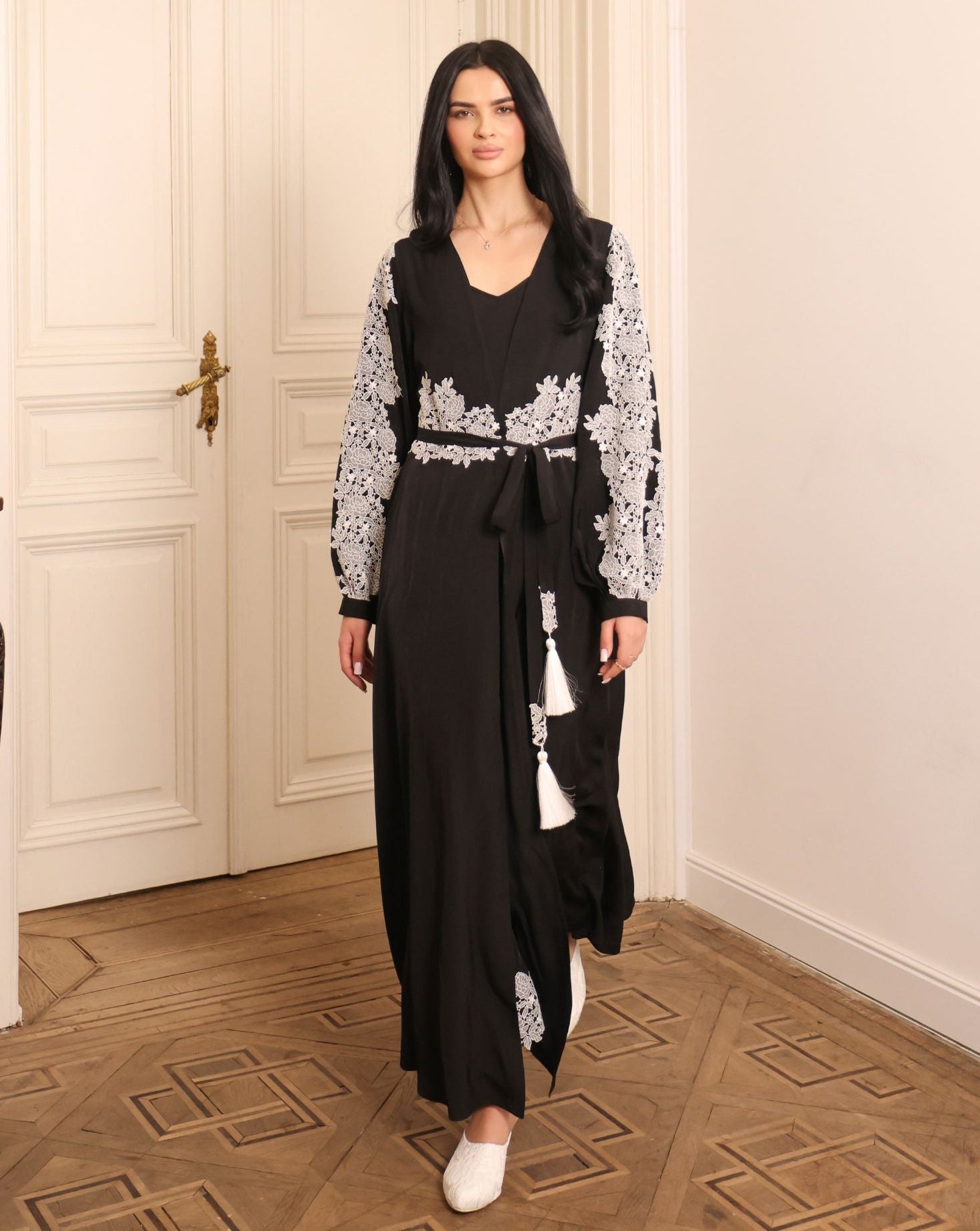 A full-length view of the Robe and Nightgown Set in motion, capturing the clean, fluid lines and lace detailing.