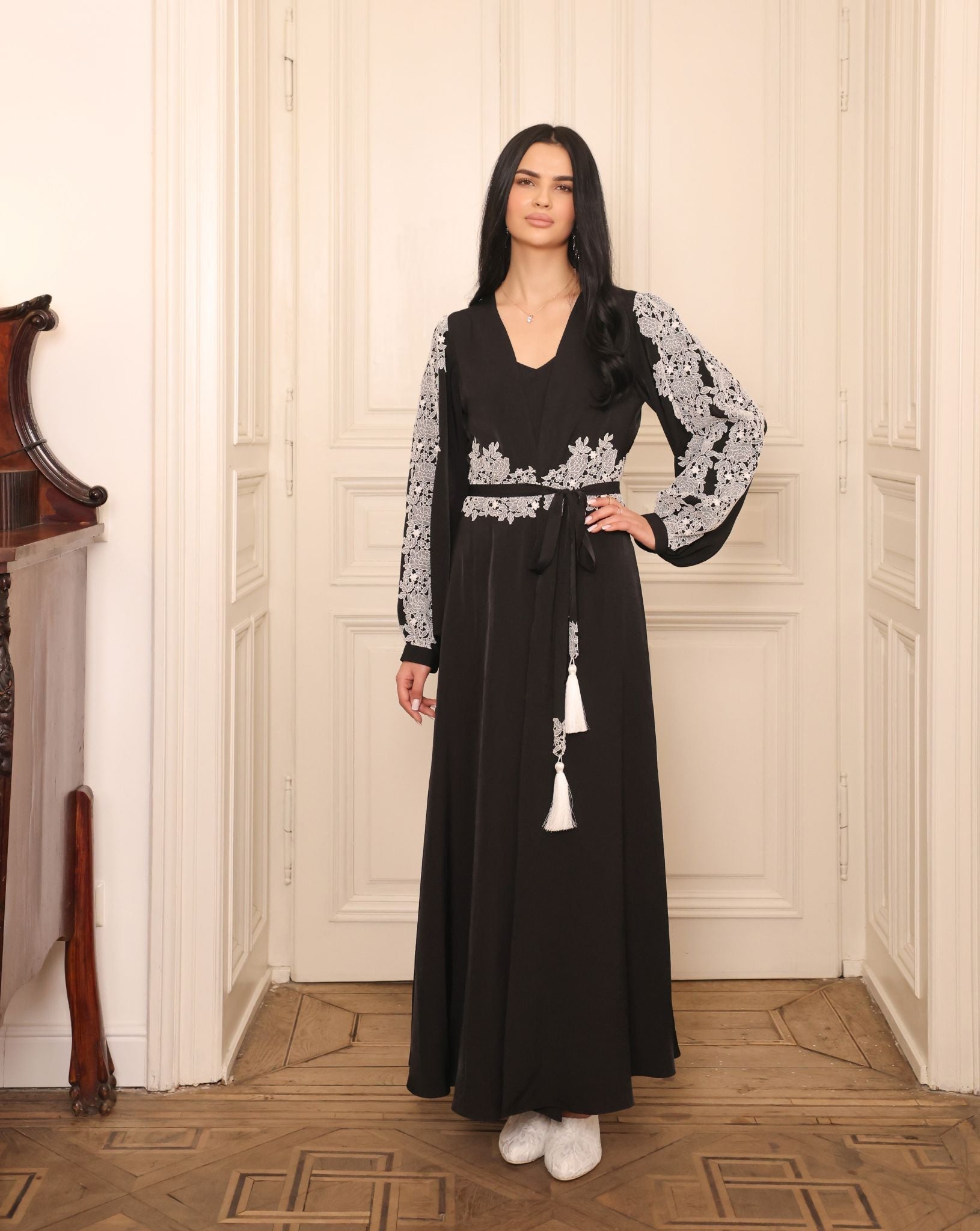 A shot of the Robe and Nightgown Set with a tied belt, emphasizing the balanced structure and lace-detailed sleeves.