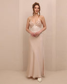 Frontal view of the nightgown, featuring ruffled cups and lace inserts that frame the body with refined femininity.