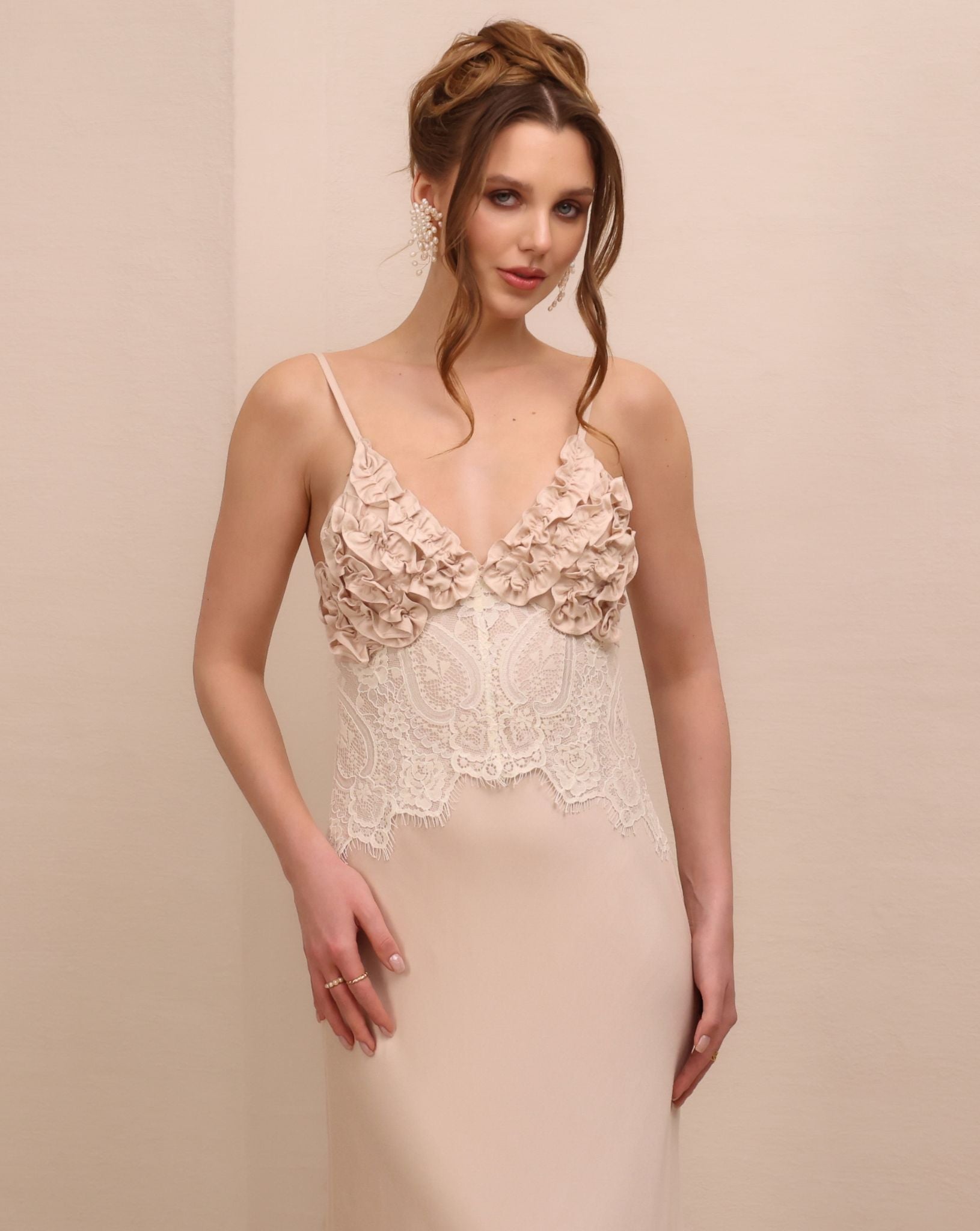 A mid-length shot of the nightgown, showcasing the smooth, fluid drape of the high-quality rayon satin.
