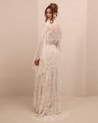Rear perspective of the full set, showcasing the intricate lace detailing and the elegant length of the train.