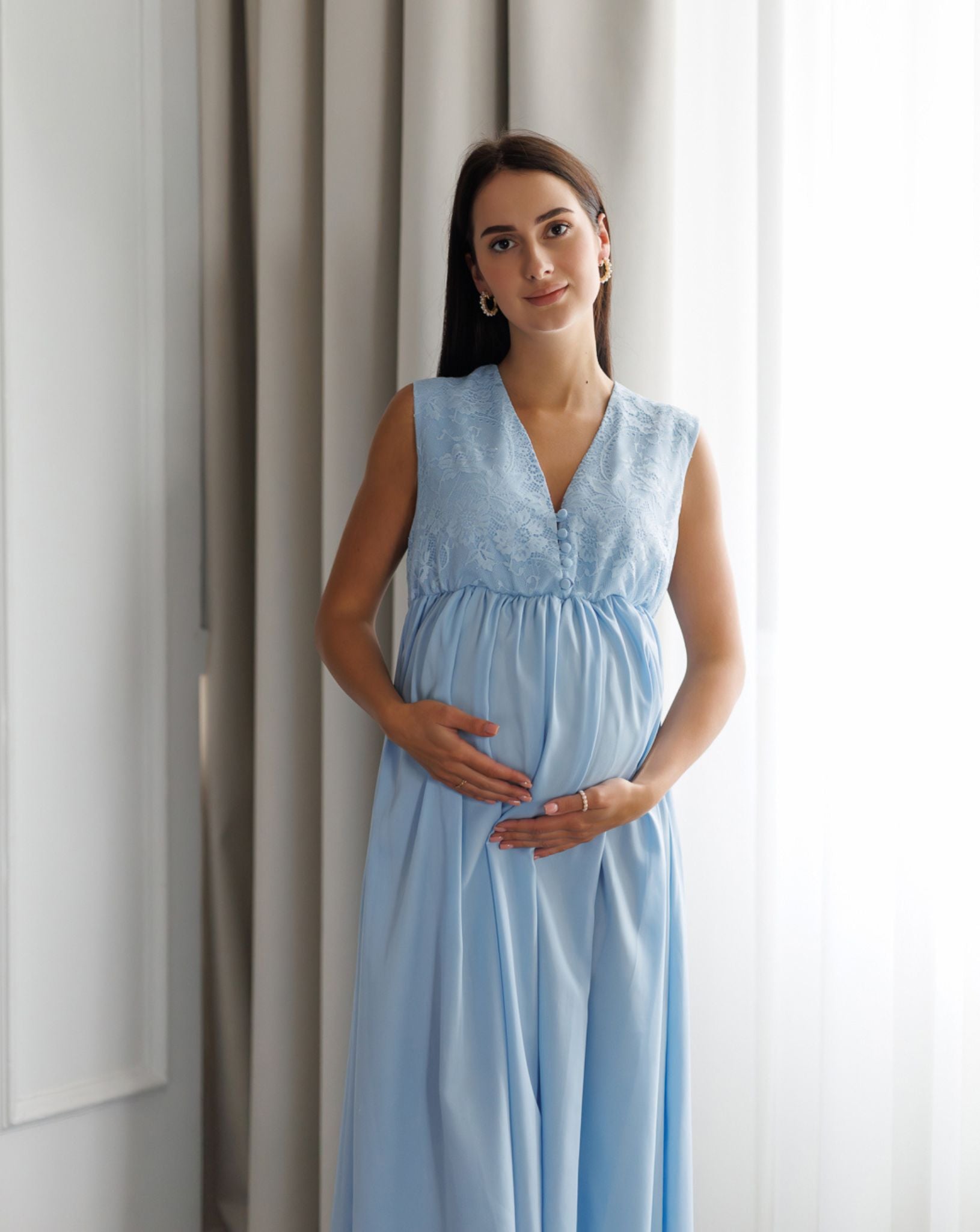 Model in soft blue maternity nightgown with nursing-friendly front opening – Kafemme