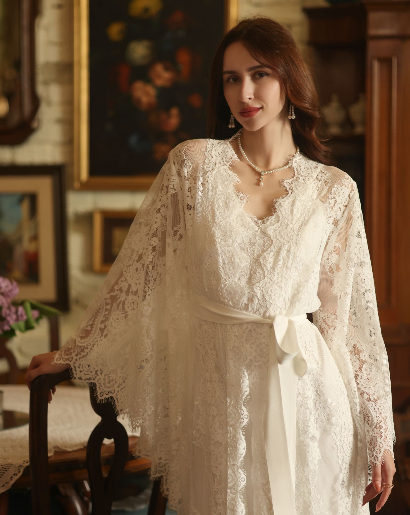 A mid-length shot of the wrapped Bridal Robe and Nightgown Set, showing the secure soft tie closure at the waist.
