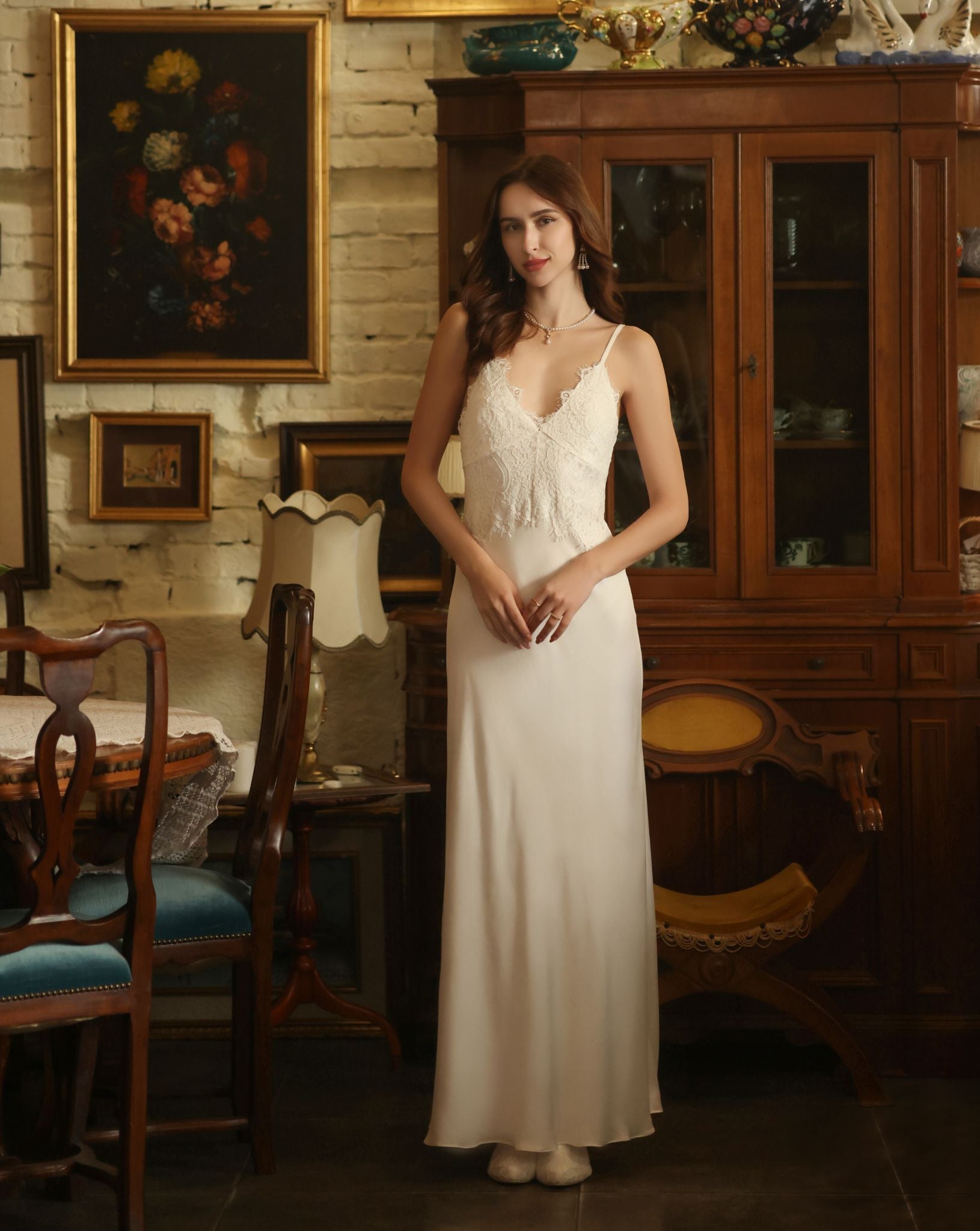 Frontal view of the rayon nightgown, highlighting the lace-embellished cups without padding and natural shape.