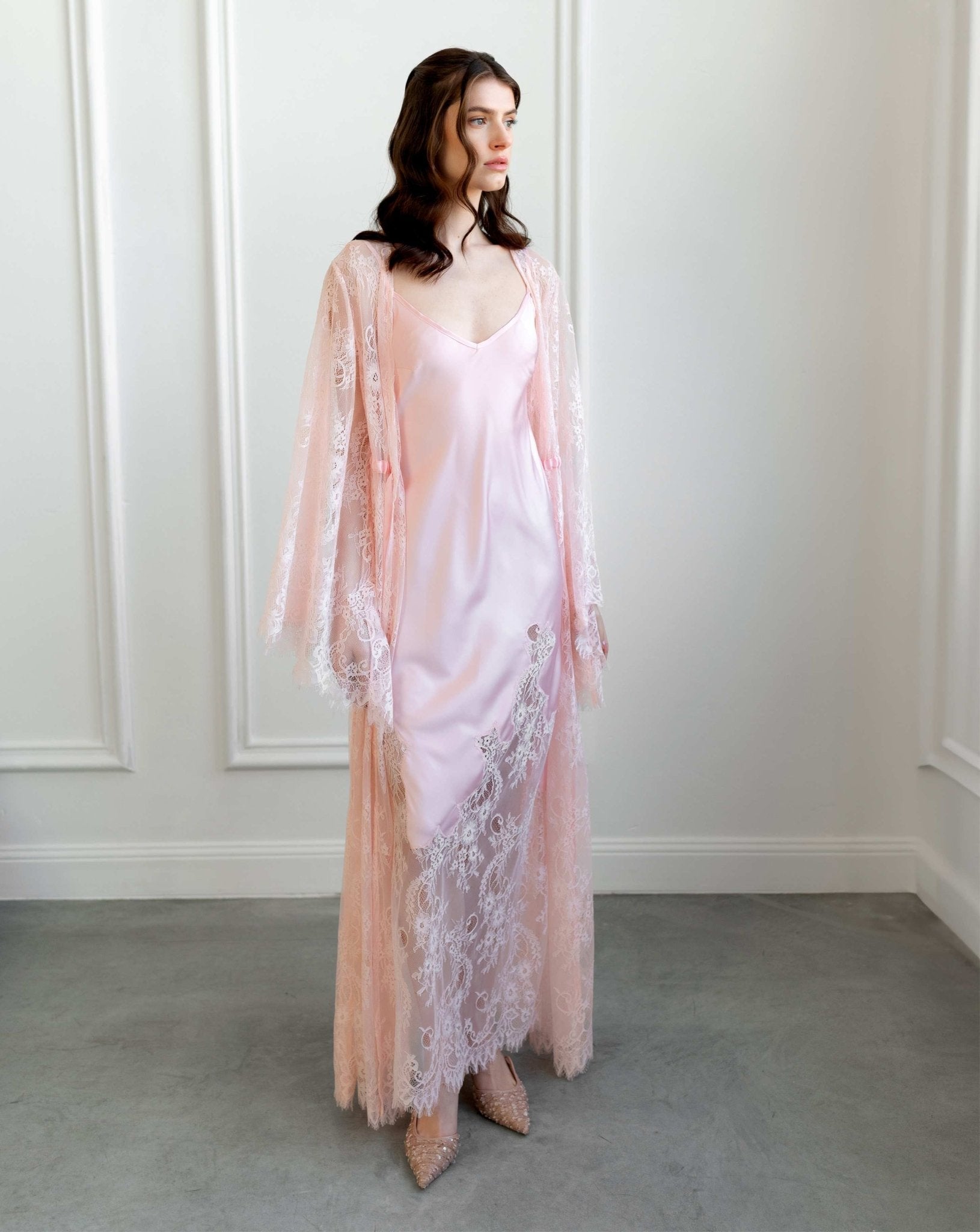 Full-length shot of pink lace robe and nightgown with romantic details - Kafemme Loungewear