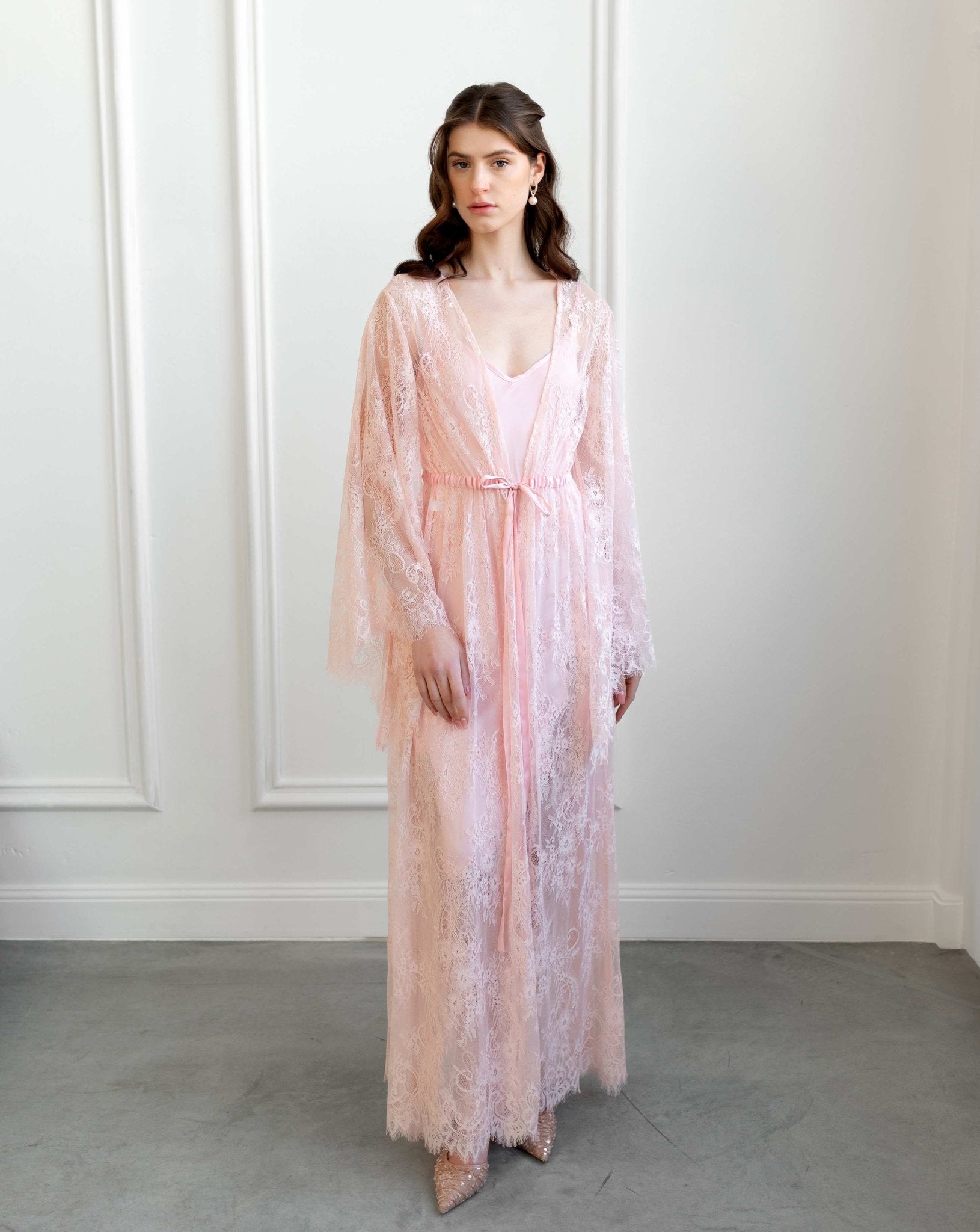 Pink lace robe and gown set for special occasions, full-length look