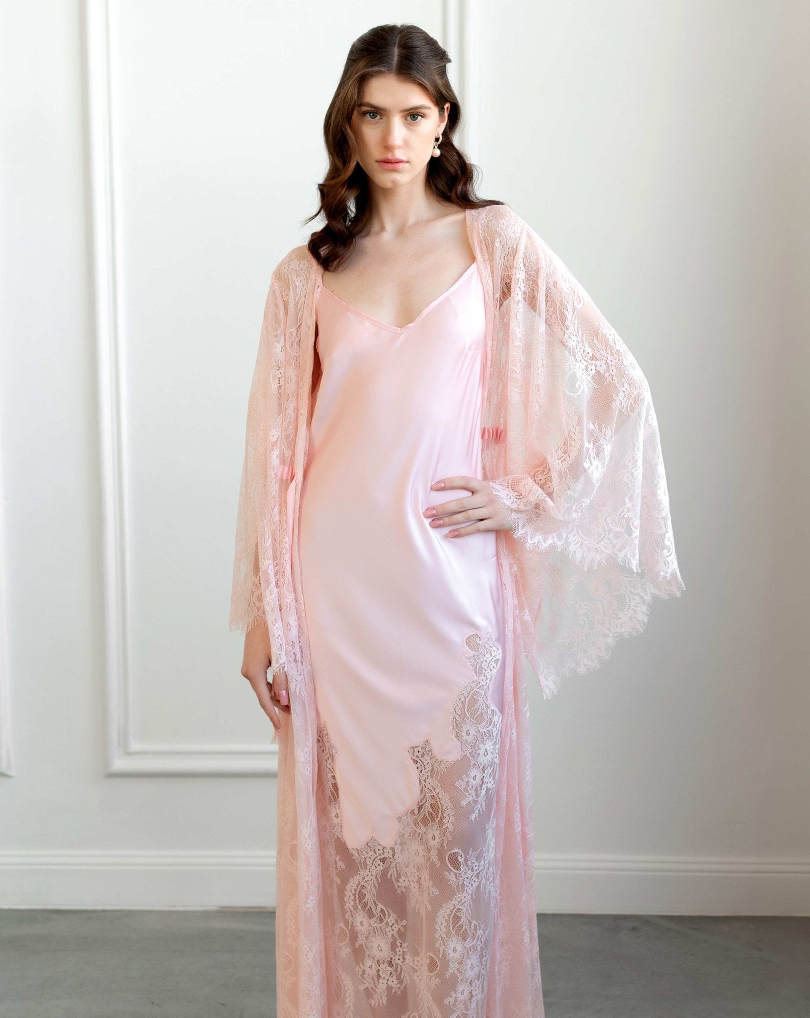 Romantic pink lace robe and nightgown, worn with soft curls and pearls